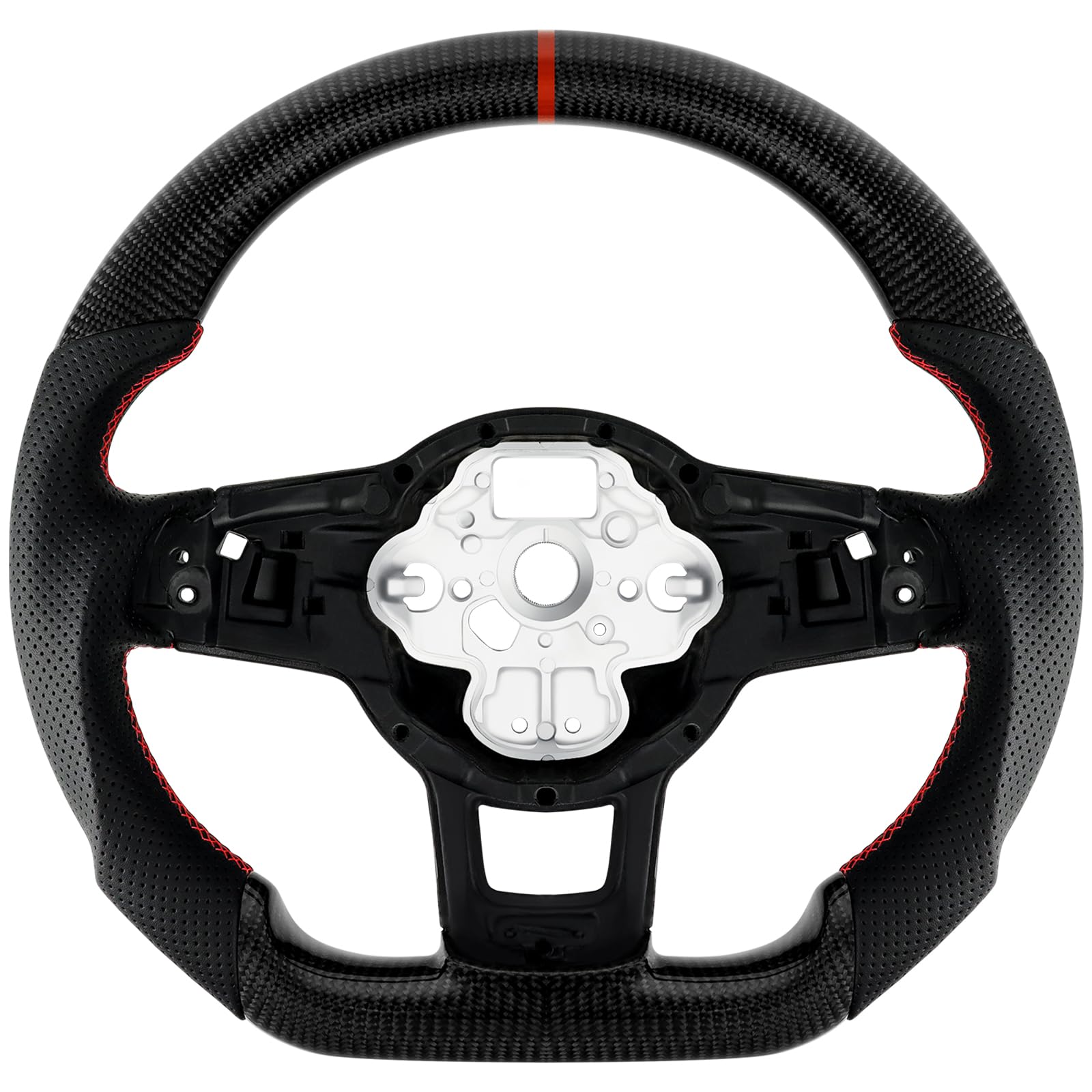 Acclcors Carbon Fiber Steering Wheel, D-Shaped Flat-Bottomed Steering Wheel with Red Stitching, Perforated Leather Grip for VW Volkswagen Golf MK6 2008-2014