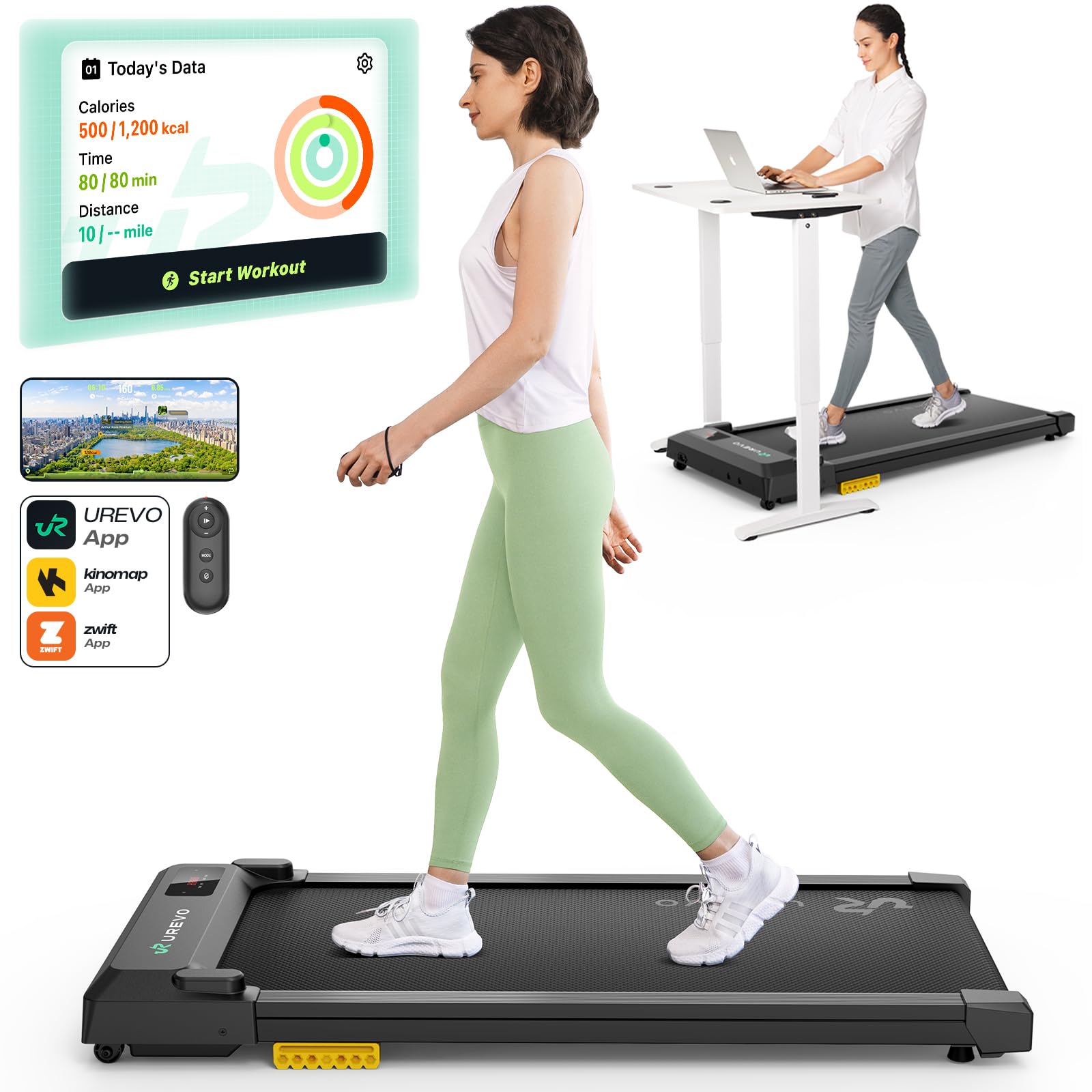 UREVO Smart Walking Pad, Compact Under Desk Treadmill with Double Shock Absorption, Quiet Operation, Workout APP with Track Insights and MIIT Mode, Plug and Play, Remote or APP Control for Home Office