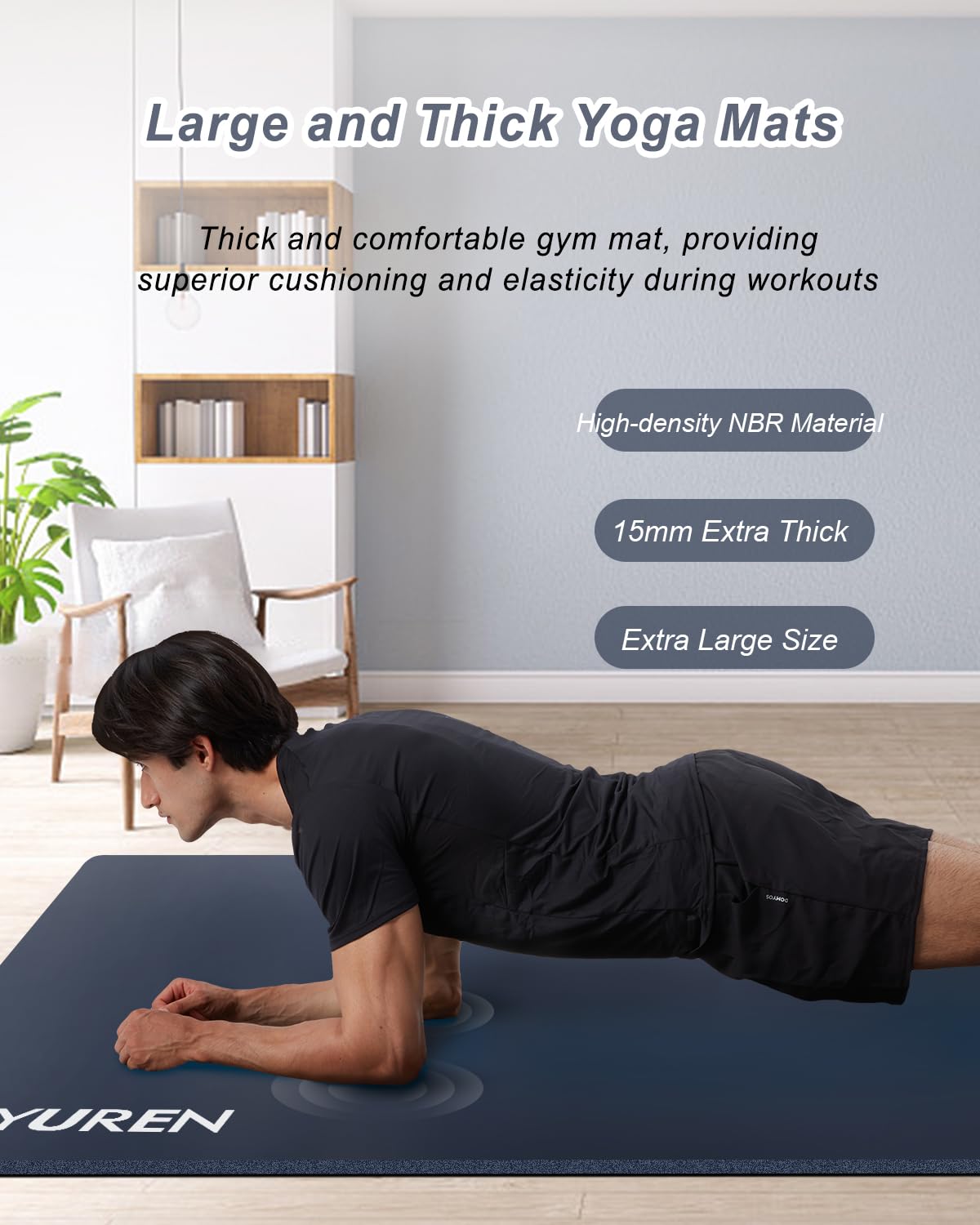 RYTMAT Yoga Mat Thick 15mm NBR 190 x 90cm Wide Exercise Mat for Home Gym Yoga Pilates Cardio Gymnastics Training with Carry Bag