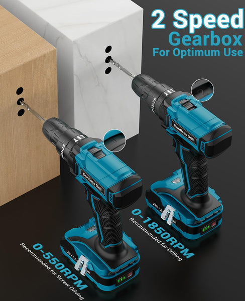 MHPRO Cordless Drill, Power Drill Brushless 21V, Cordless HammerDrill with 2 Batteries 2000mAh, 20+3 Torque, 45N.m Max DrillSet, LED Light, 2 Speed, 14PCS Accessories for Home and Garden DIY Project