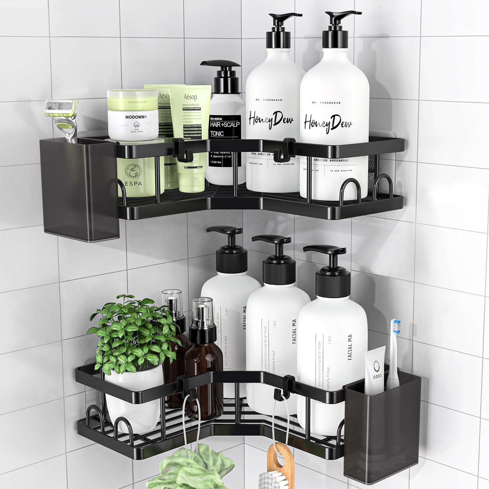 PKBD Corner Shower Caddy 2 Pack,Bathroom Storage No Drilling,Shower Storage with Soap Holder&Hooks&Toothpaste Holders,Bathroom or Kitchen,Rustproof