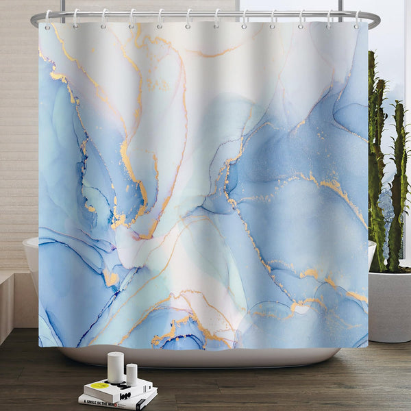 Kzzfqxb 180x200cm Shower Curtains with Plastic Hooks, Waterproof Occluded Light Blue Marble Texture Golden Lines Flowing Mist Art Pattern for Bath,