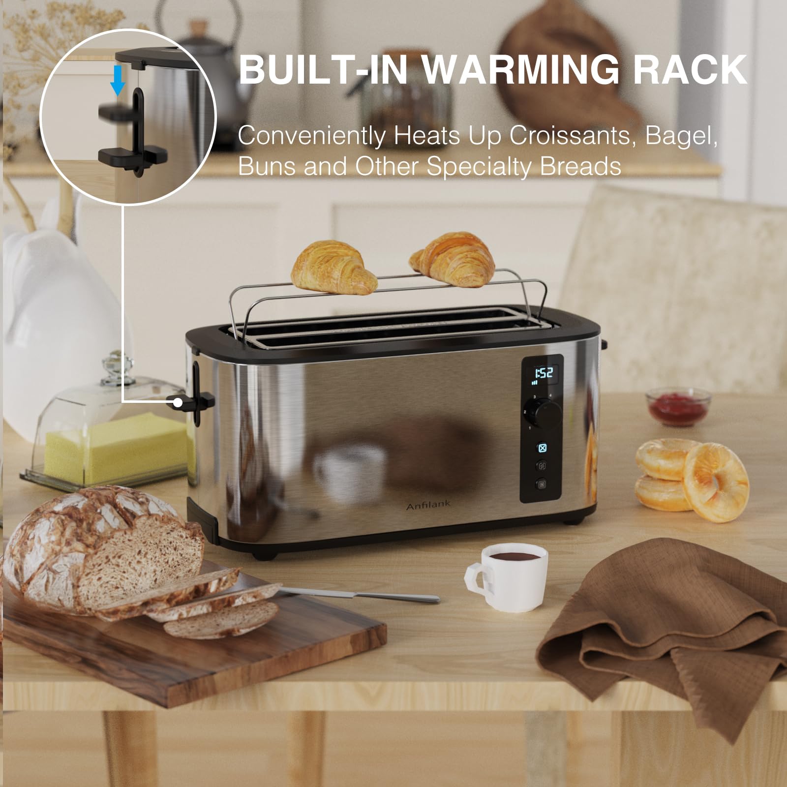 Anfilank Toaster 4 Slice, Countdown Timer, 6 Browning Settings, Built-in Warming Rack, Defrost/Reheat/Cancel Functions, Removable Crumb Tray,