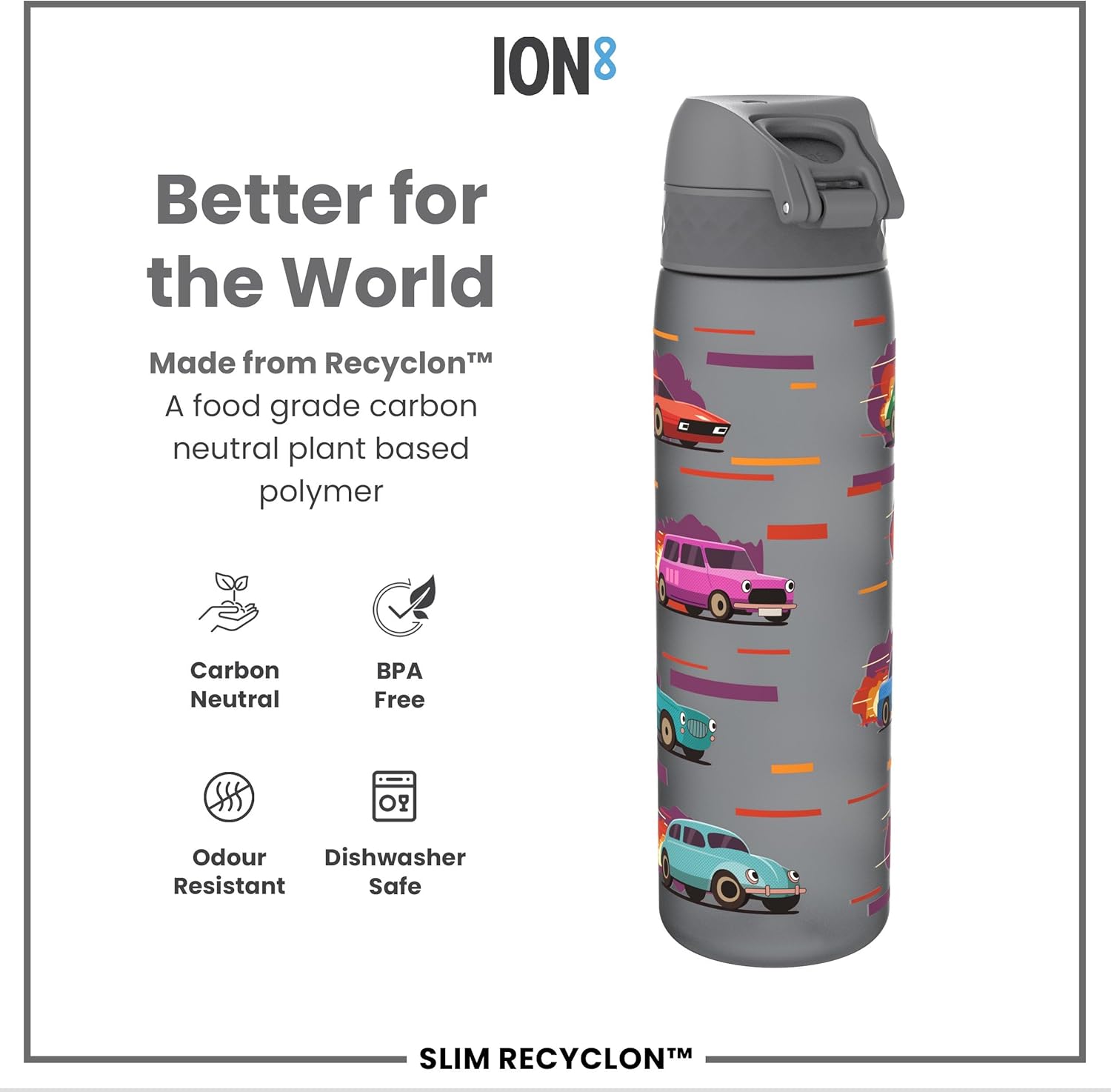 ION8 Water Bottle, 500ml/18oz, Slim Leak-proof & BPA-Free Drinking Bottle, Secure Lock Prevents Spills, Dishwasher Safe, Carry Handle, Ideal for Adults & Kids - Travel, Gym & School, Sport Cars Design