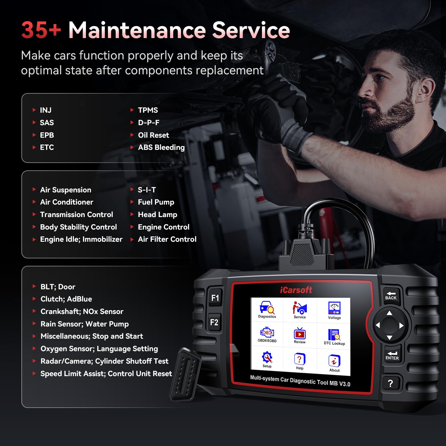 iCarsoft Car Diagnostic Tool for Ben.z/Smart/Sprinter, 30+ Service Functions OBD2 Scanner, MB V3.0 All System Code Reader, Bi-Directional Control, Auto VIN, Continuous Software Update