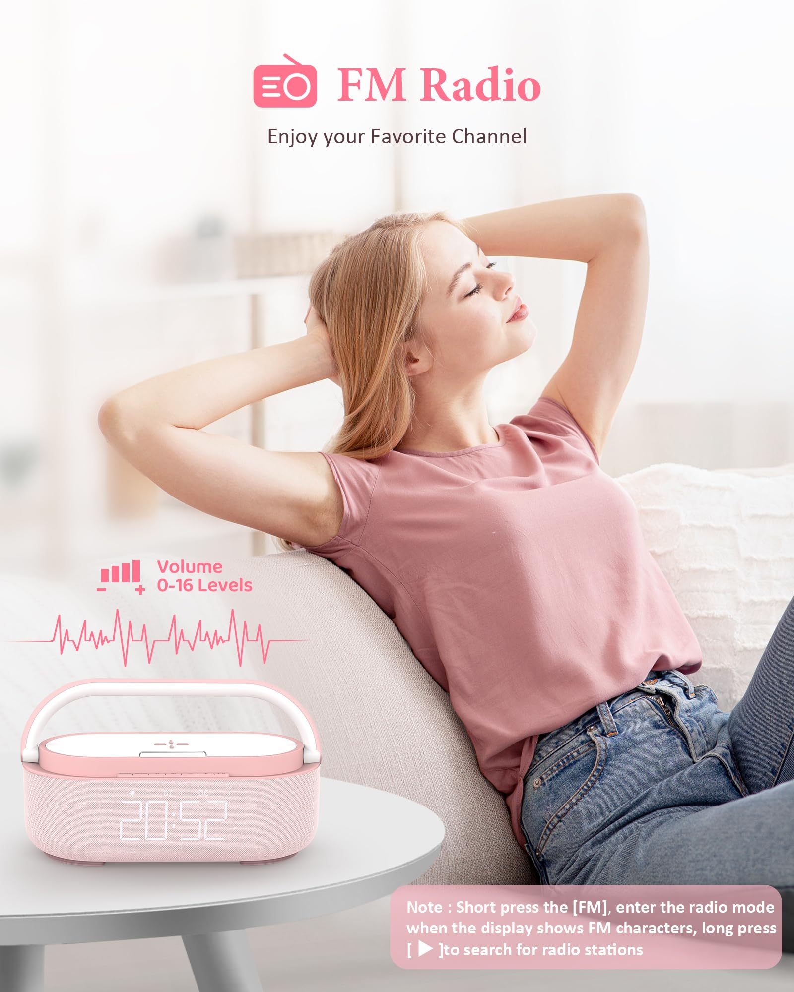 COLSUR Radio Alarm Clock Bluetooth Speaker, 15W Wireless Charger Alarm Clocks Bedside, Night Light, Loud Volume for Heavy Sleepers, Snooze, Dimmable LED Display, 2500mAh Battery