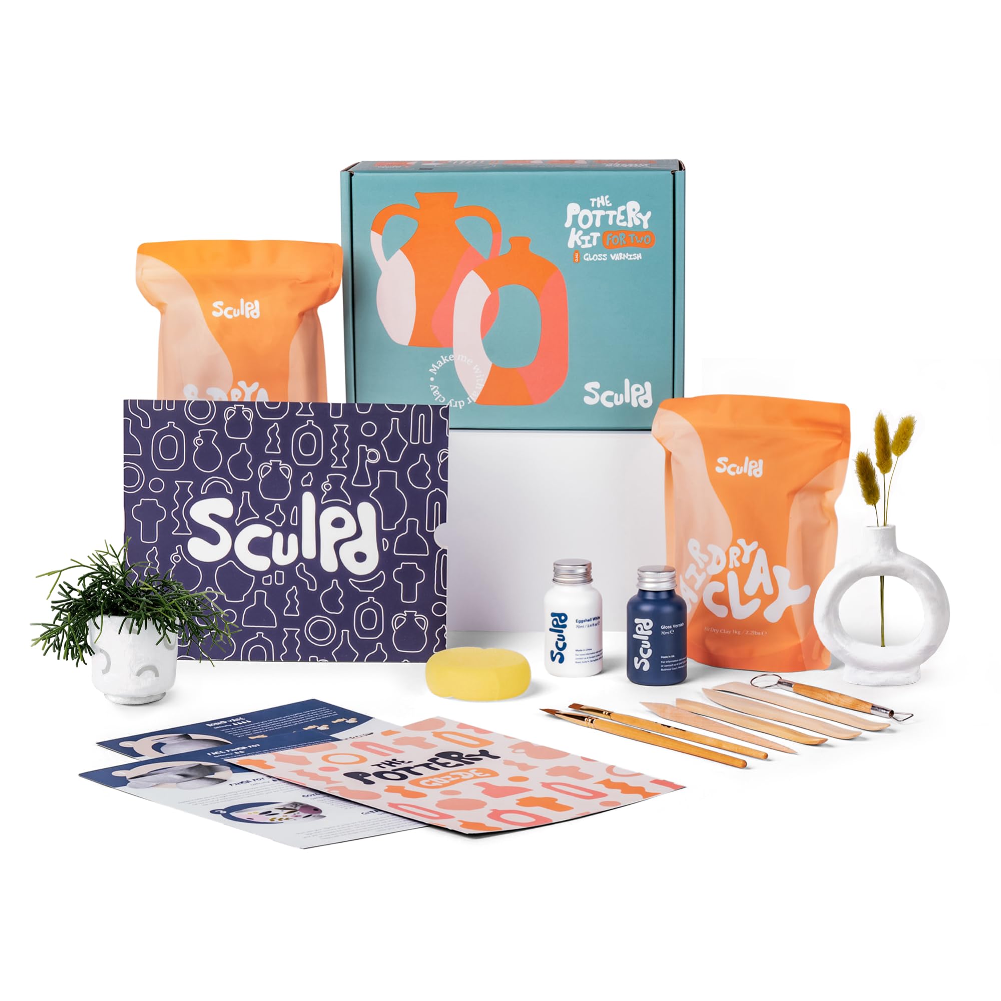 Sculpd Pottery Starter Kit - Complete Air Dry Clay Beginner Set for 2 Adults: Includes Sculpting Tools, Gloss Varnish, Paint Brushes, Guide, Video