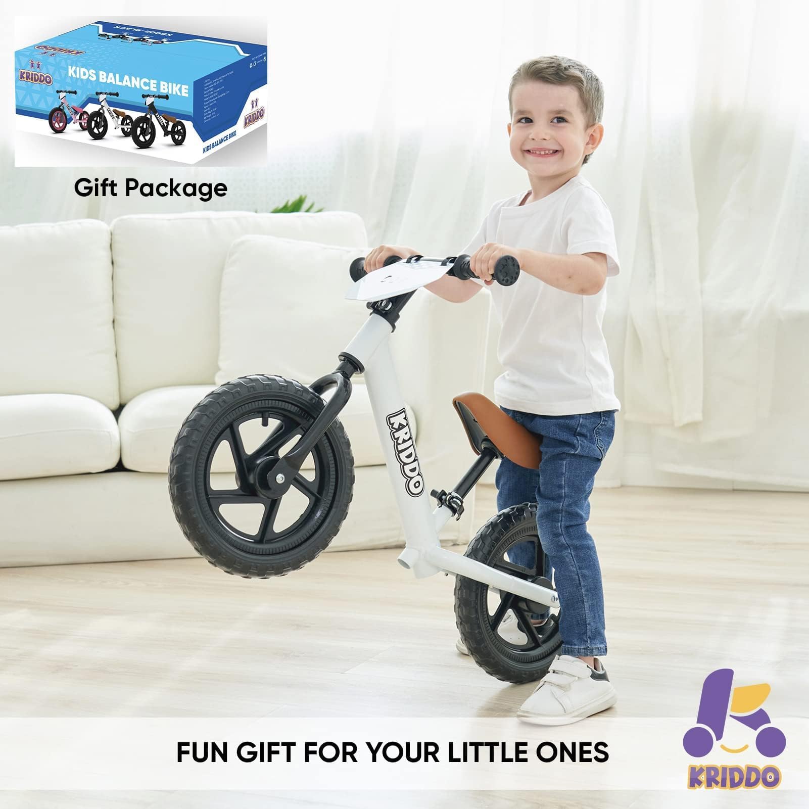 KRIDDO Toddler Balance Bike 2 Year Old, Age 18 Months to 5 Years Old, 12 Inch Push Bicycle with Customize Plate (3 Sets of Stickers Included), Gift Bike for 2-3 Boys Girls, Blue