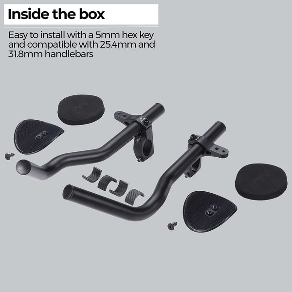 BBB Cycling AeroBase Aluminium Tri Bars Ergo-bend Aerobar for Road Bikes with Multi-adjustable EVA Arm Pads Compatible with 25.4/31.8 mm Bike