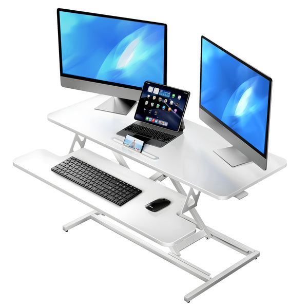 ERGOMAKER Height Adjustable Standing Desk Converter - 101cm (40 Inch) Wide Platform Tabletop Workstation - Quick Sit to Stand Desk Riser for Dual Monitors White