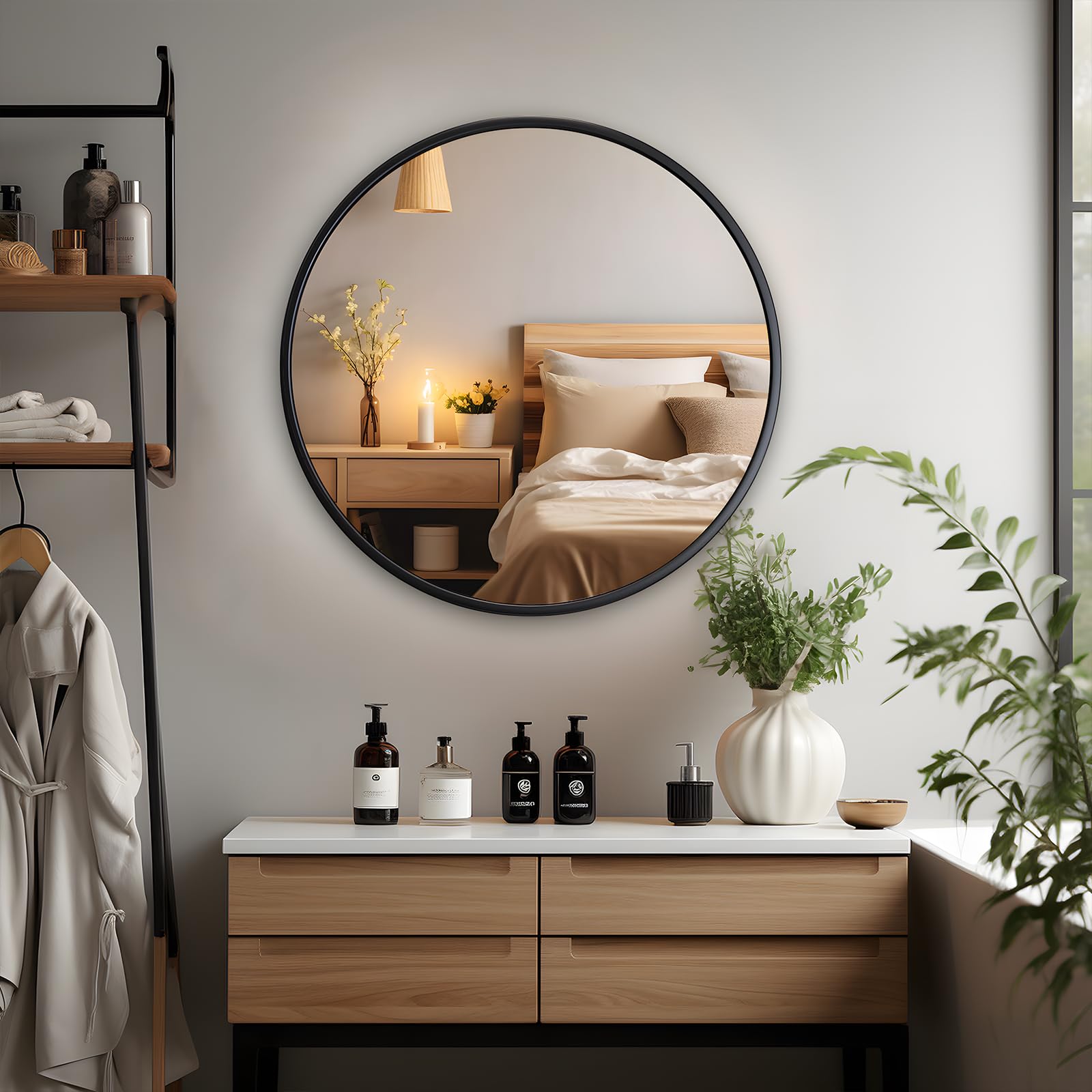 MIQU Round Black Mirror,70cm Round Makeup Dressing Mirror Wall Framed Mirror for Vanity, Bathroom or Bedroom