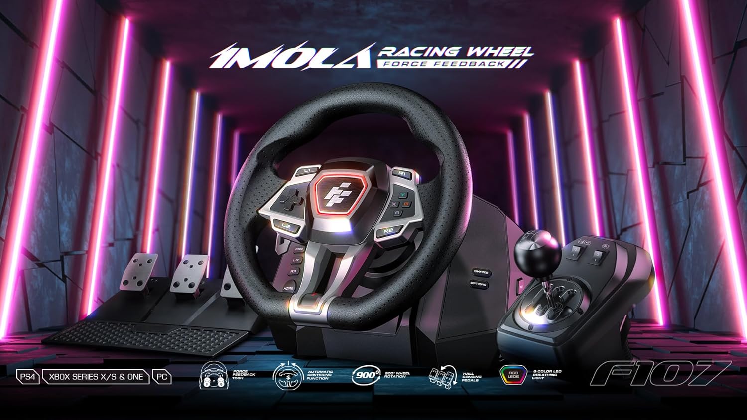 Flashfire F107 IMOLA Racing FORCE FEEDBACK Wheel,Pedals, Shifter, Hall-Effect Sensor, Vibration Feedback Function, Adjustable Rotation 270° and 900°, Red/Black for PS4, XBOX X/S and One, Switch, PC