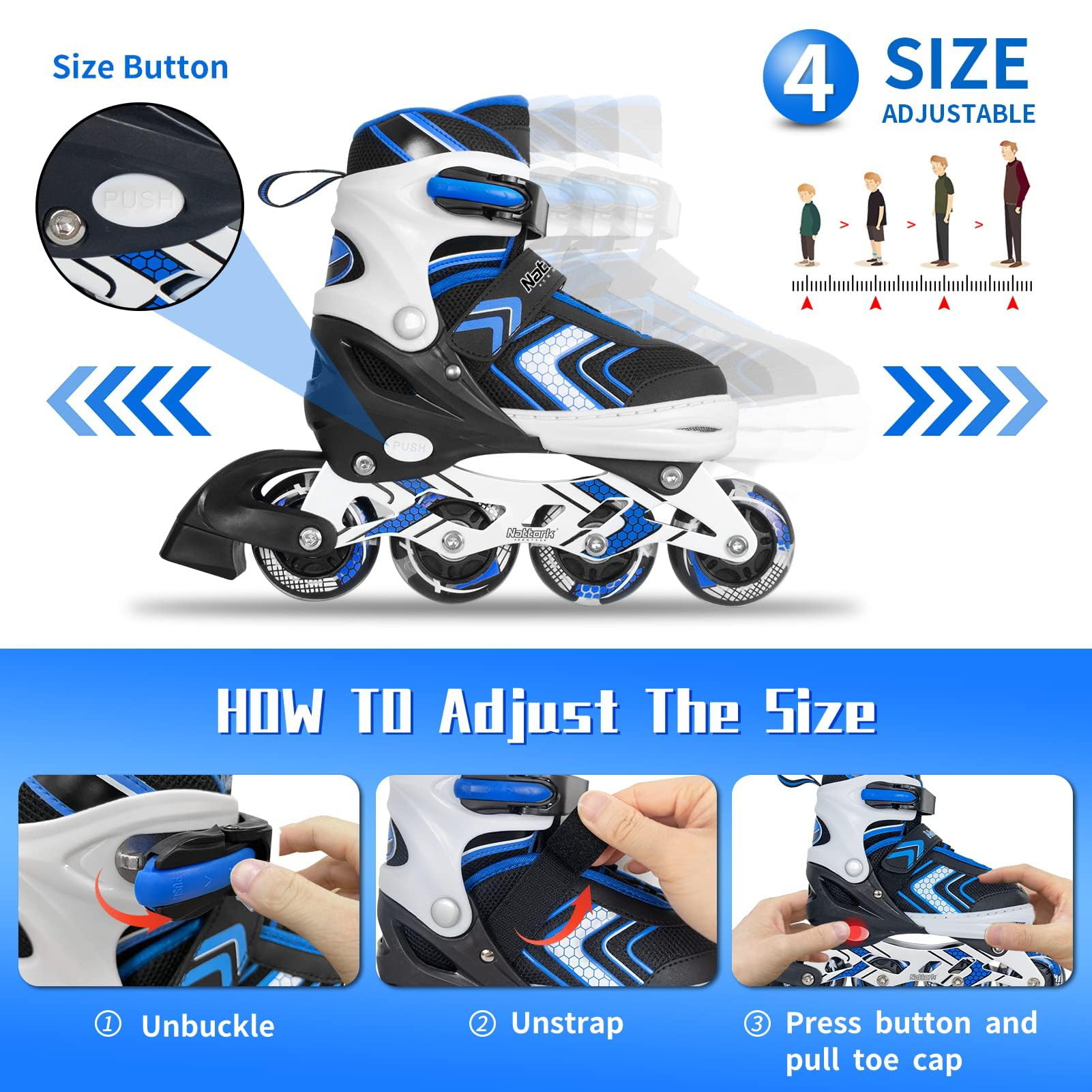 Nattork Roller Skates for Boys with Full Light up Wheels, Adjustable Beginner Inline Skates for Little Kids, Blue, Size 10J 12J 13J