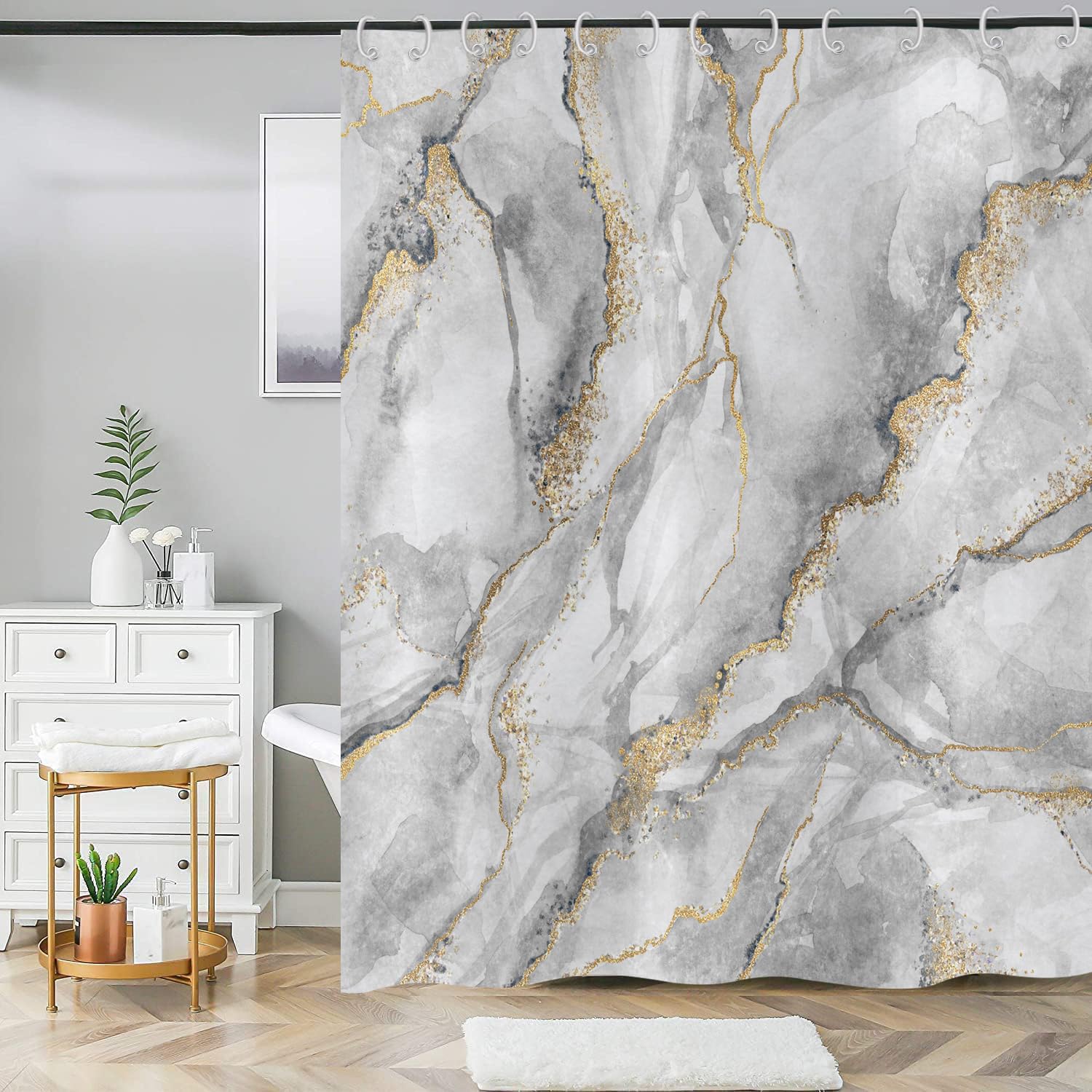ASDCXZ Marble Shower Curtain 180x220 cm, Modern Abstract Grey White Gold Marble Optic Texture Colorful Washable Shower Curtains Polyester Textile