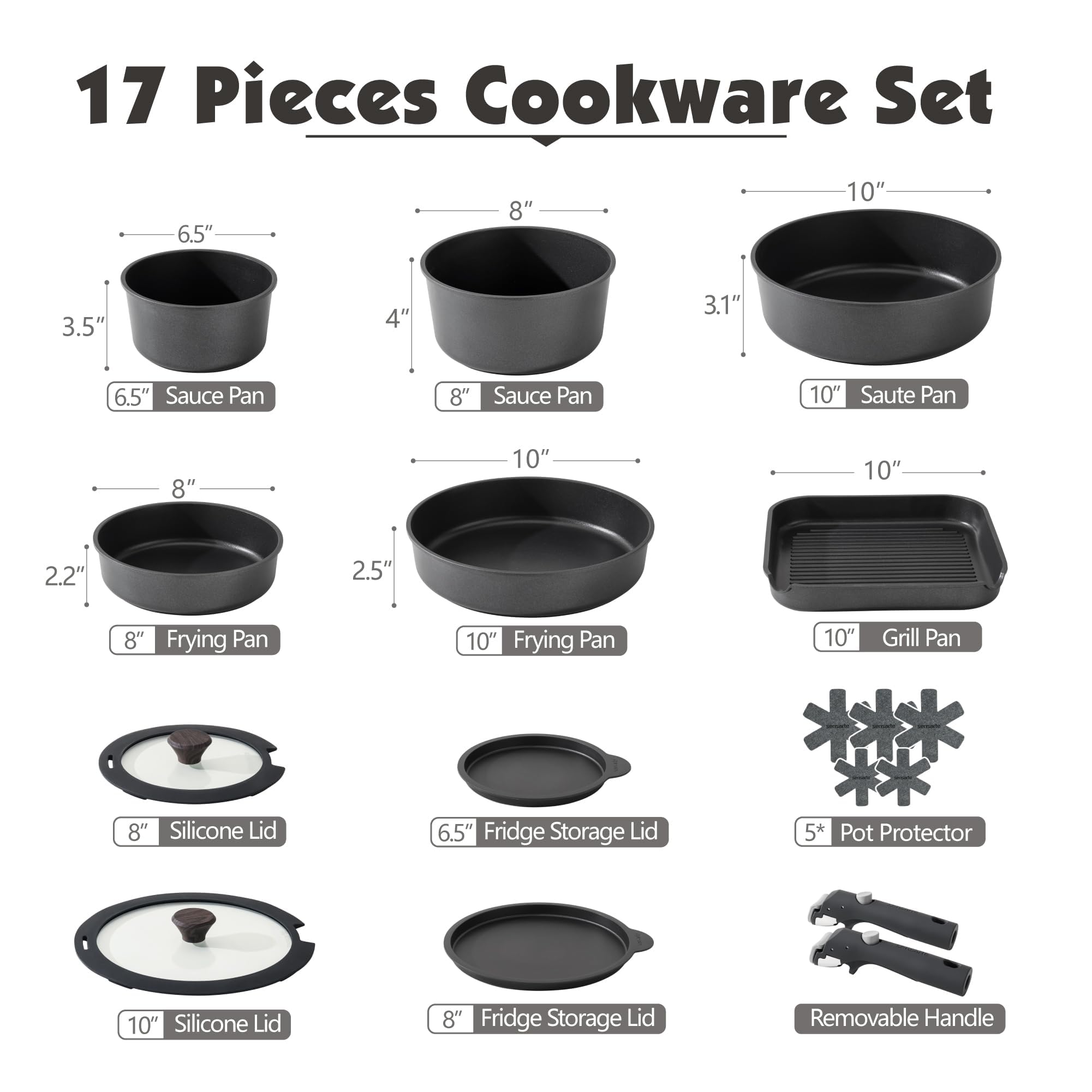 SENSARTE 17 Piece Pots and Pans Set, Nonstick Detachable Handle Cookware, Induction Kitchen Cookware Set with Removable Handle, Healthy Non Stick RV Cookware, Oven Safe (Black)