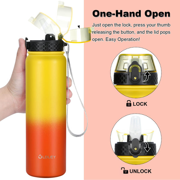 OLDLEY Stainless Steel Water Bottle with Straw 1L Vaccum Insulated Large Drink Flask Metal Water Bottles 1 Litre Leakproof Keep Drinks Hot Cold for Sports Gym with Different Lids(Purple Green, 3 Lids)