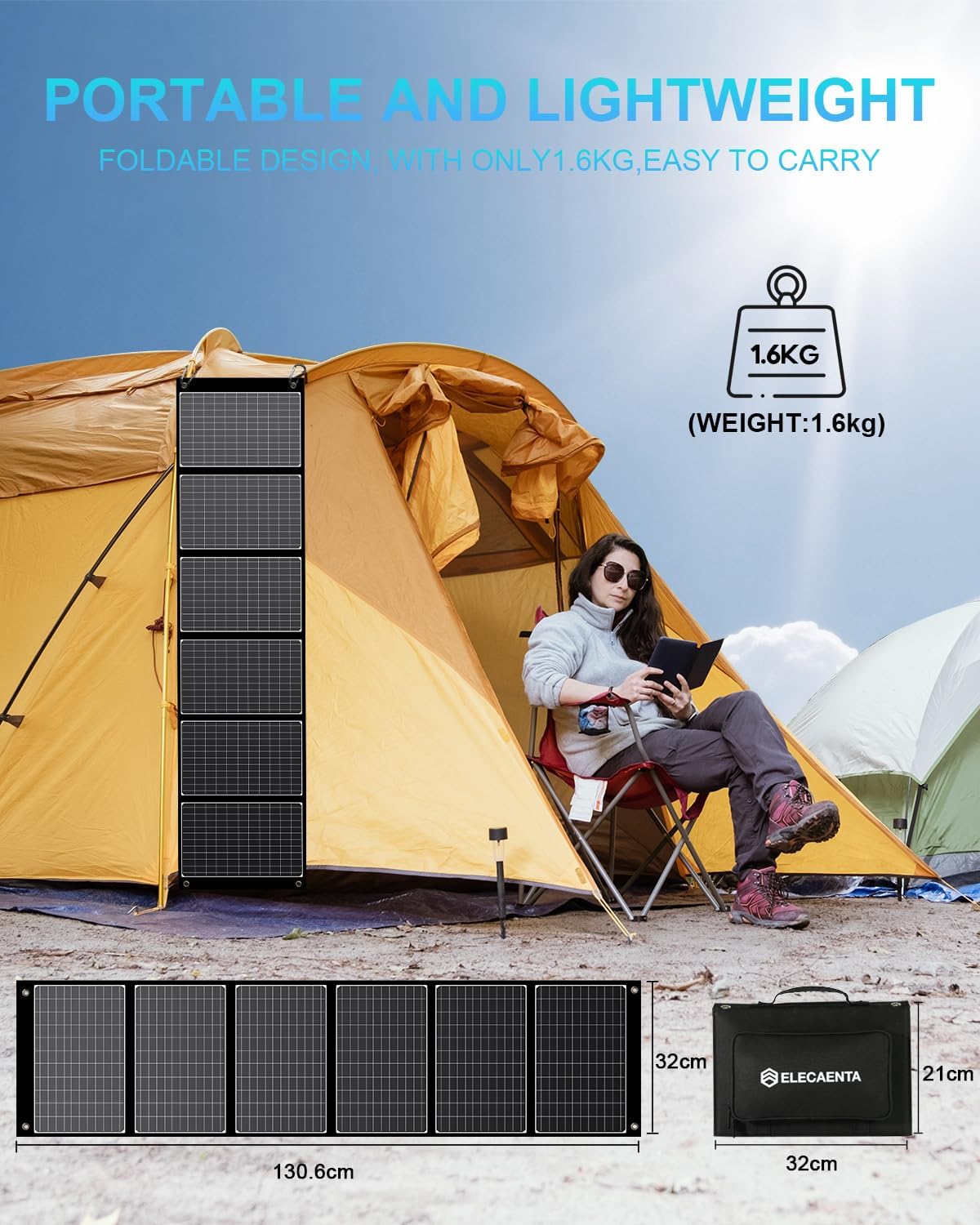 ELECAENTA 60W Foldable Solar Panel ETFE Solar Charger USB-C PD45W QC3.0 DC 18V for Portable Solar Generator Power Station Smartphones Outdoor Power Backup Waterproof Dustproof, 1.6KG