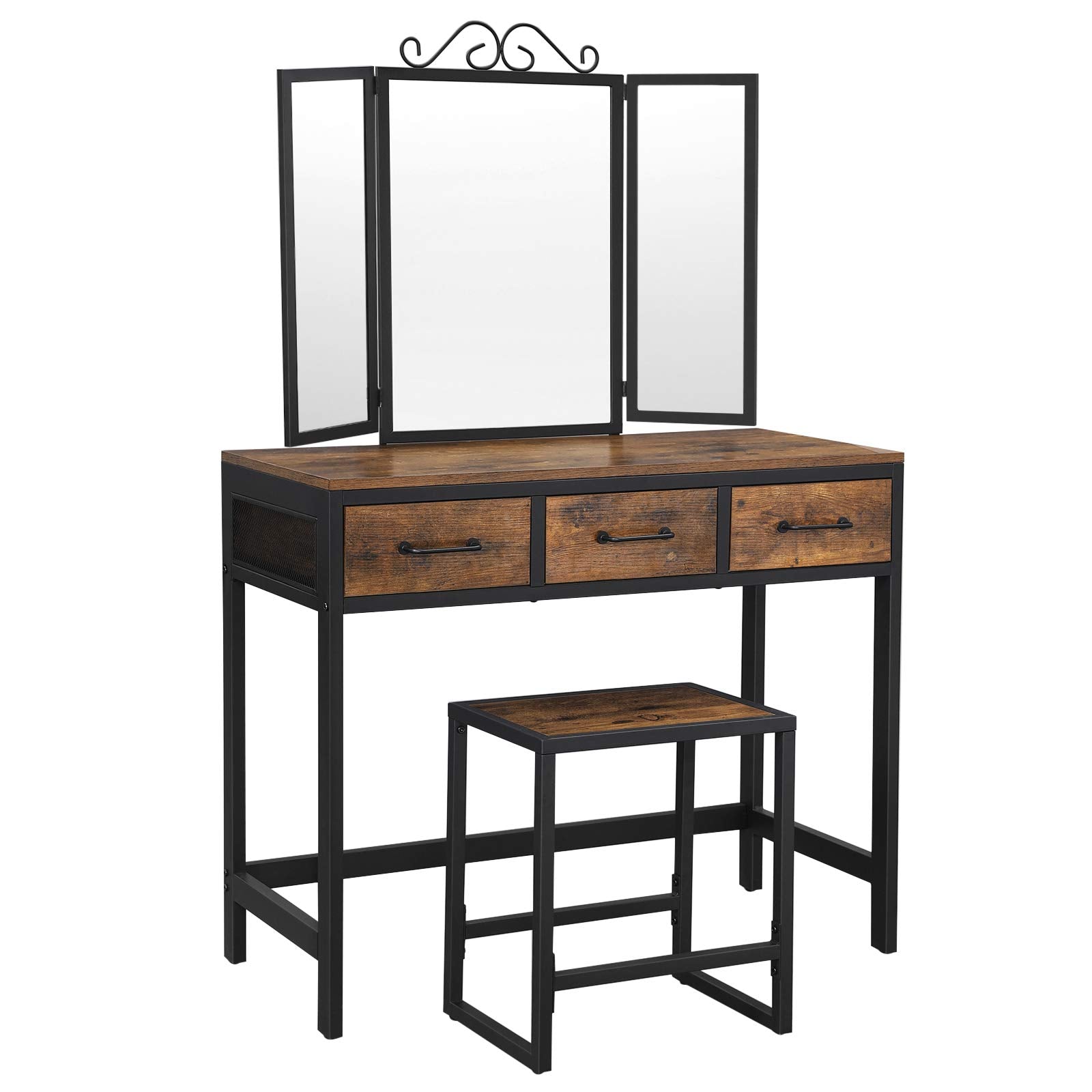 VASAGLE Dressing Table and Stool Set, Dressing Table with Triple Fold Mirror, 3 Drawers, Vanity Table with Steel Frame, Industrial Style, Rustic Brown