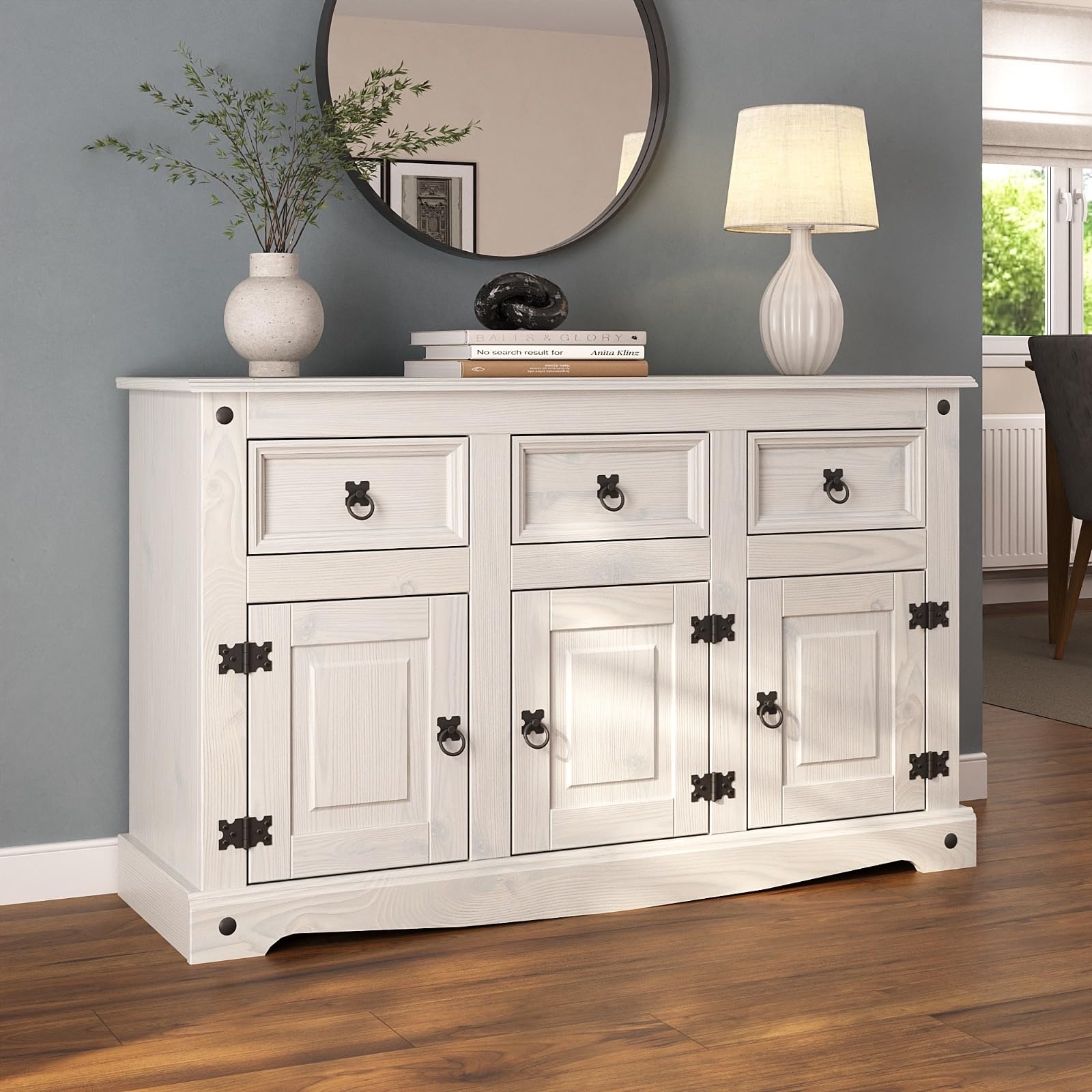 Corona Sideboard All White Country 3 Door 3 Drawer Soild Mexican Pine Wood