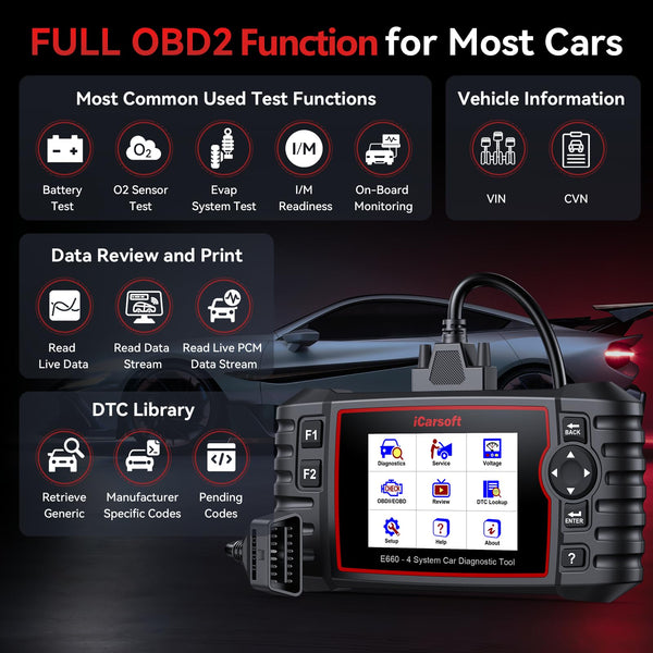 iCarsoft E660 OBD2 Scanner, Car Diagnostic Tool for Engine ABS SRS Transmission, Code Reader with 6 Maintenance Services, Oil/EPB/BMS/ETC/SAS/TPMS Reset, Battery Test, Lifetime No Charge Update
