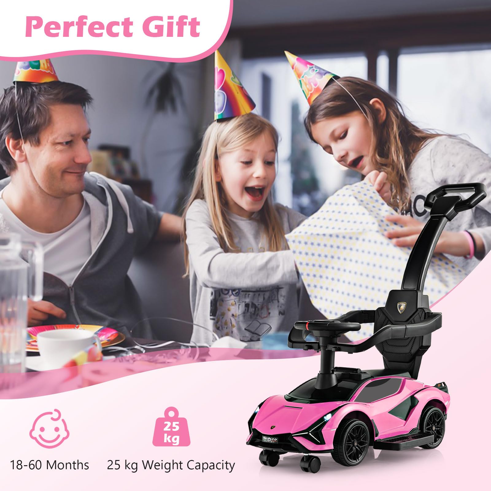 GYMAX 3 in 1 Kids Ride on Push Car, Licensed Lamborghini Push Along Car with Handle, Guardrails, USB Port, Music & Lights, Underneath Storage, Toddler Sliding Toy for 18-60 Months Boys Girls (Black)