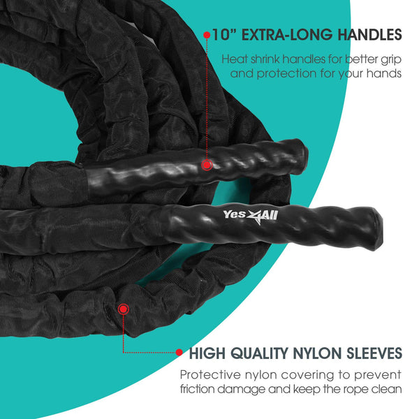 Yes4All Battle Exercise Training Rope with Protective Cover ? Steel Anchor & Strap Included Black, 50mm - 15m