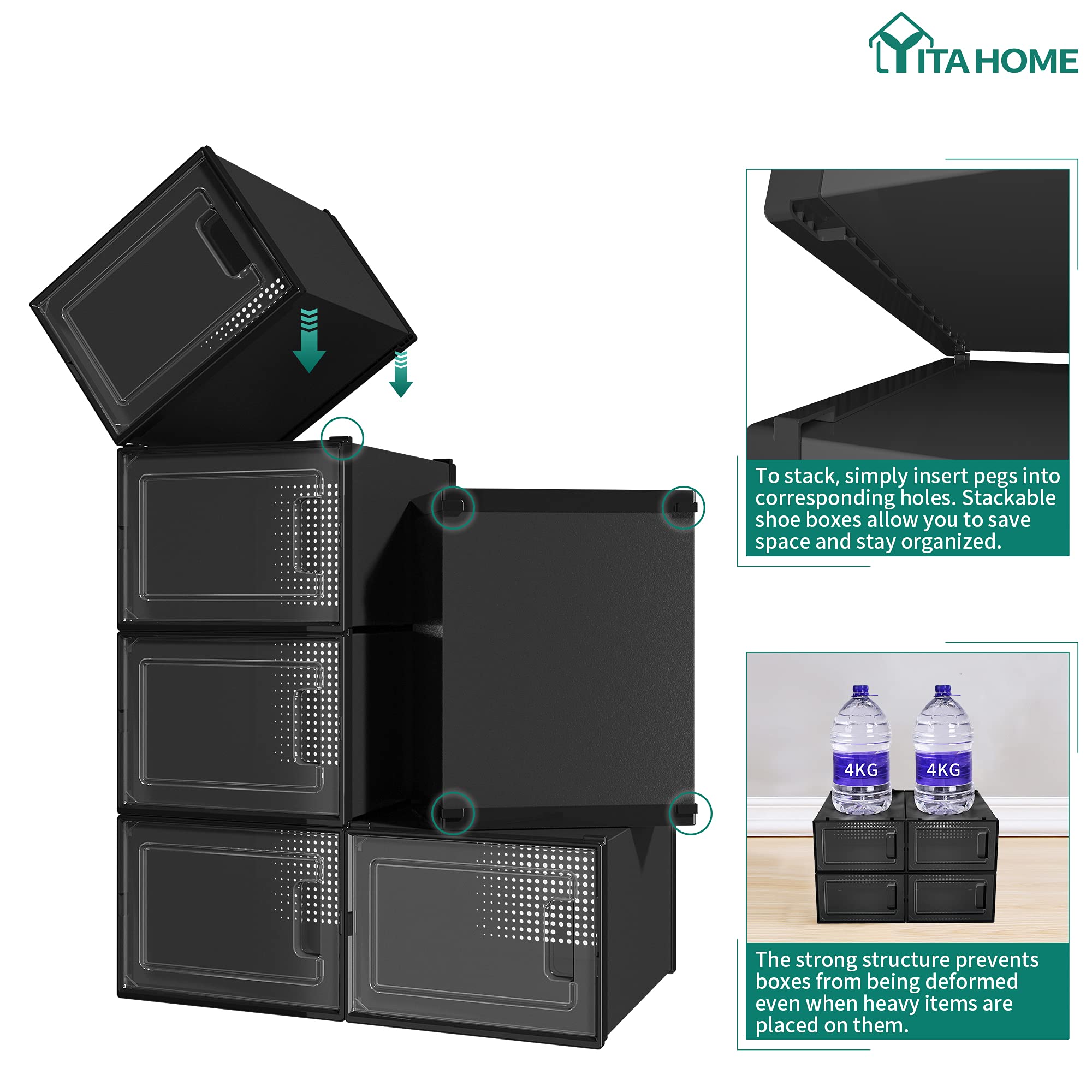 YITAHOME Shoe Box,12Pcs Stackable Shoe Containers,35.8x27.7x20.8cm,Fit up to UK Size 14,X-Large Size Shoe Storage,Non-toxic Plastic Drop Front Shoe