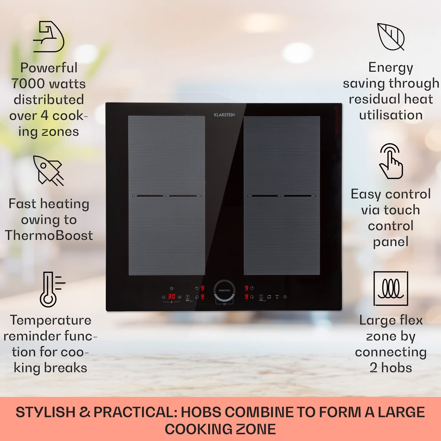 Klarstein Induction Hob, 7000W Electric Hobs Induction Cooker, 4 Ring Electric Pan Hob, Built-In Table Top Cookers w/ 4 Hobs, Touch Control, Inductions Heater Cooktops, Hot Plates for Cooking