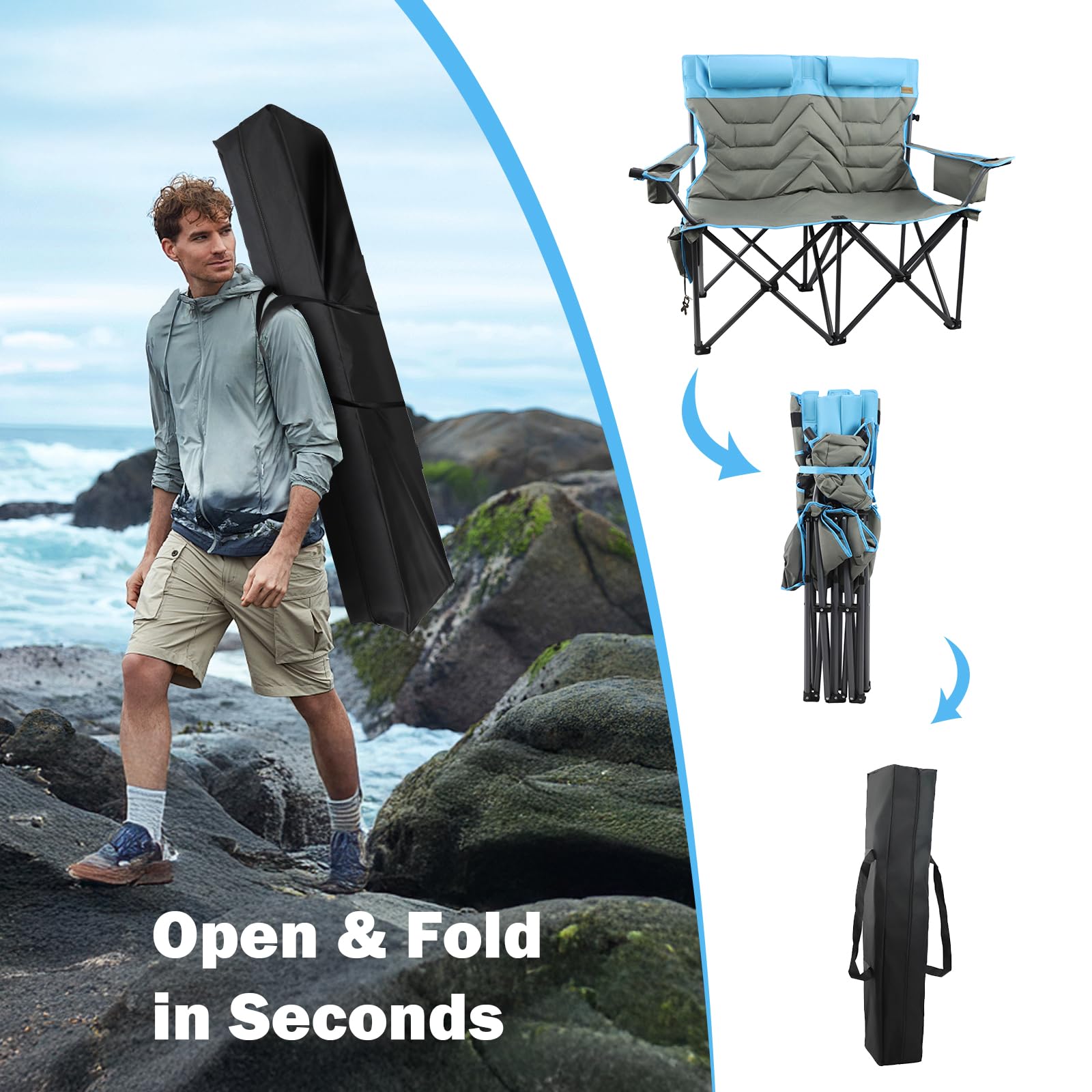 Outdoor Folding Camping Chair -Oversize Camping Chairs for Adults,Support 400lbs with Pillows & Cup Holders & Cooler Bags- Heavy Duty Collapsible Chairs for Sports Garden Beach Fishing(Grey Blue)