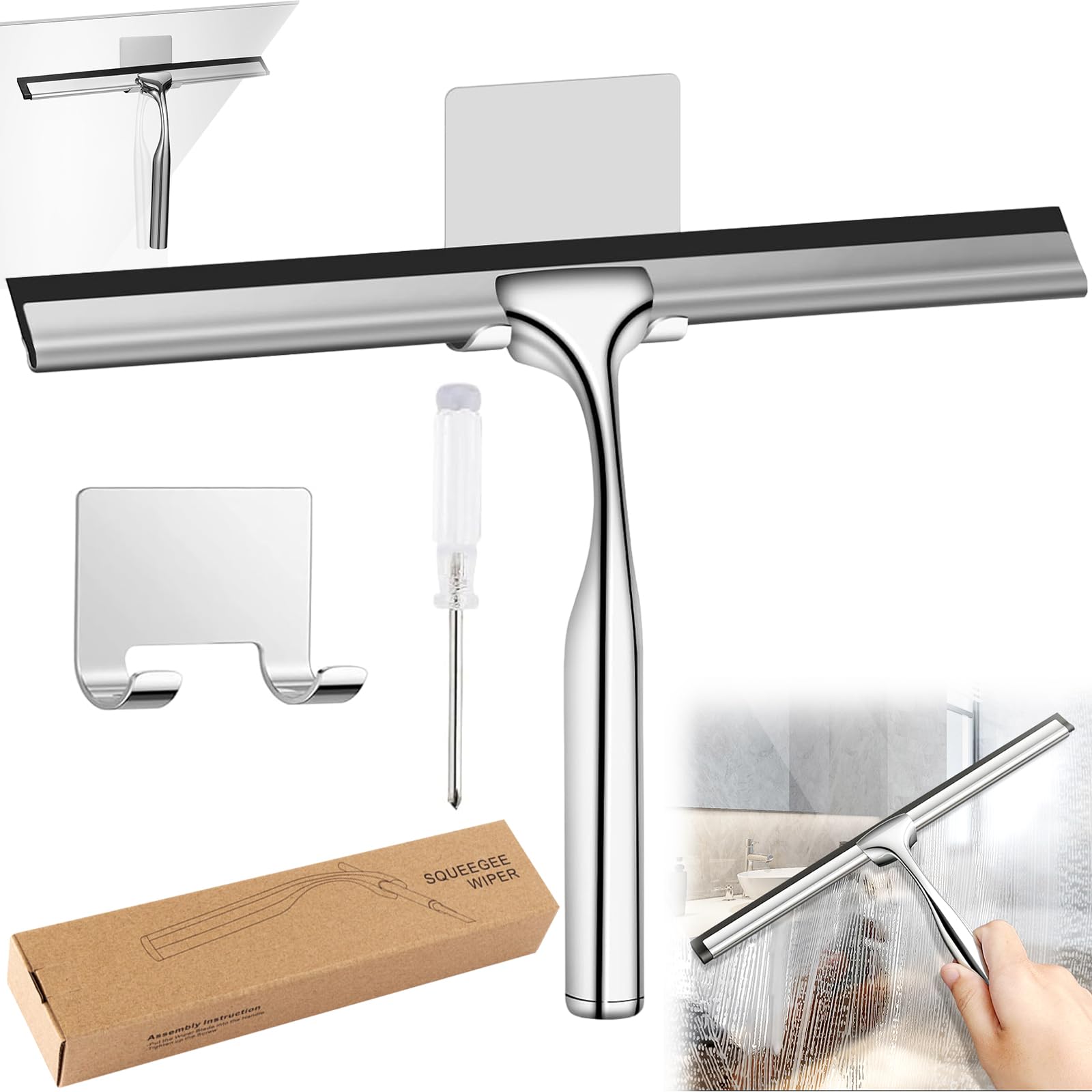 Srup Shower Squeegee, Non-Slip Shower Squeegee, Stainless Steel, Squeegee Shower with Holder, Window Squeegee Professional Required, Stainless Steel