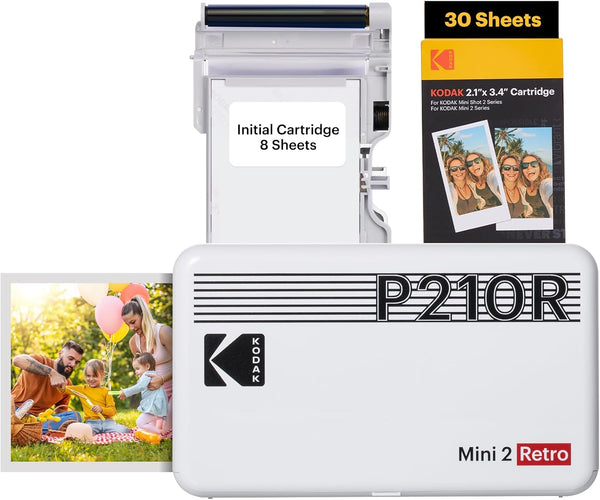 KODAK Mini 2 Retro 4PASS Portable Photo Printer (2.1x3.4 inches) Initial 8 Sheets + 60 Sheets Pack Bundle, White