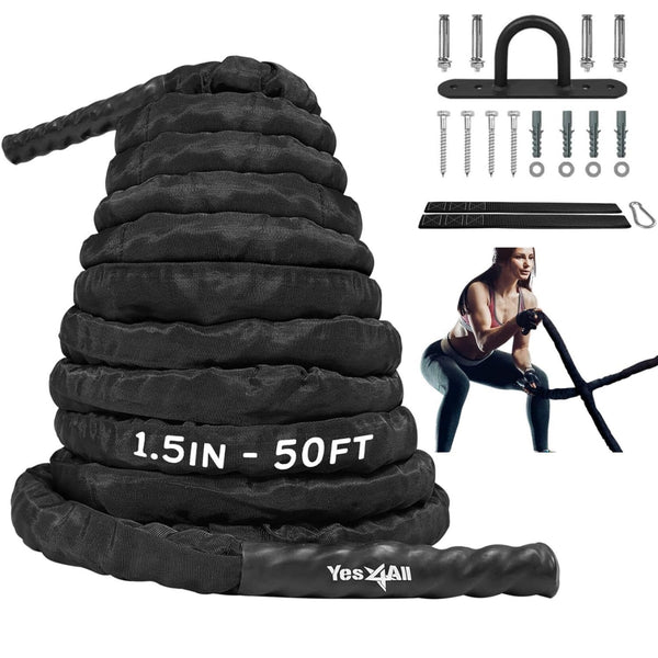 Yes4All Battle Exercise Training Rope with Protective Cover ? Steel Anchor & Strap Included Black, 50mm - 15m