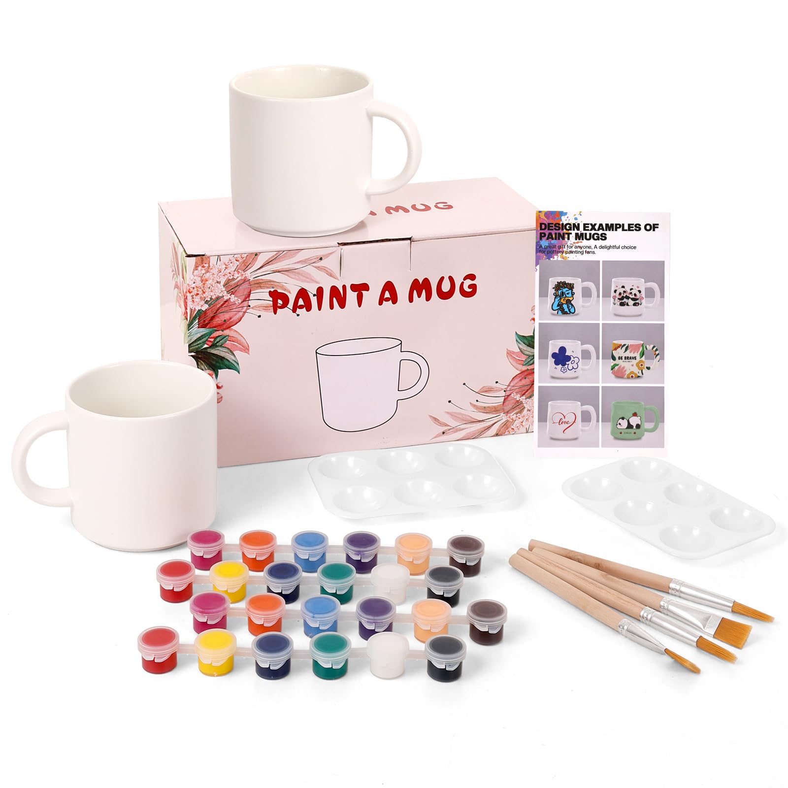 EILYGK Paint Your 0wn Mug, Christmas Mug Painting Kit, Including 2 Blank Ceramic Mugs, 24 Vibrant Ceramic Paints, 4 Brushes, 2 Palettes, A