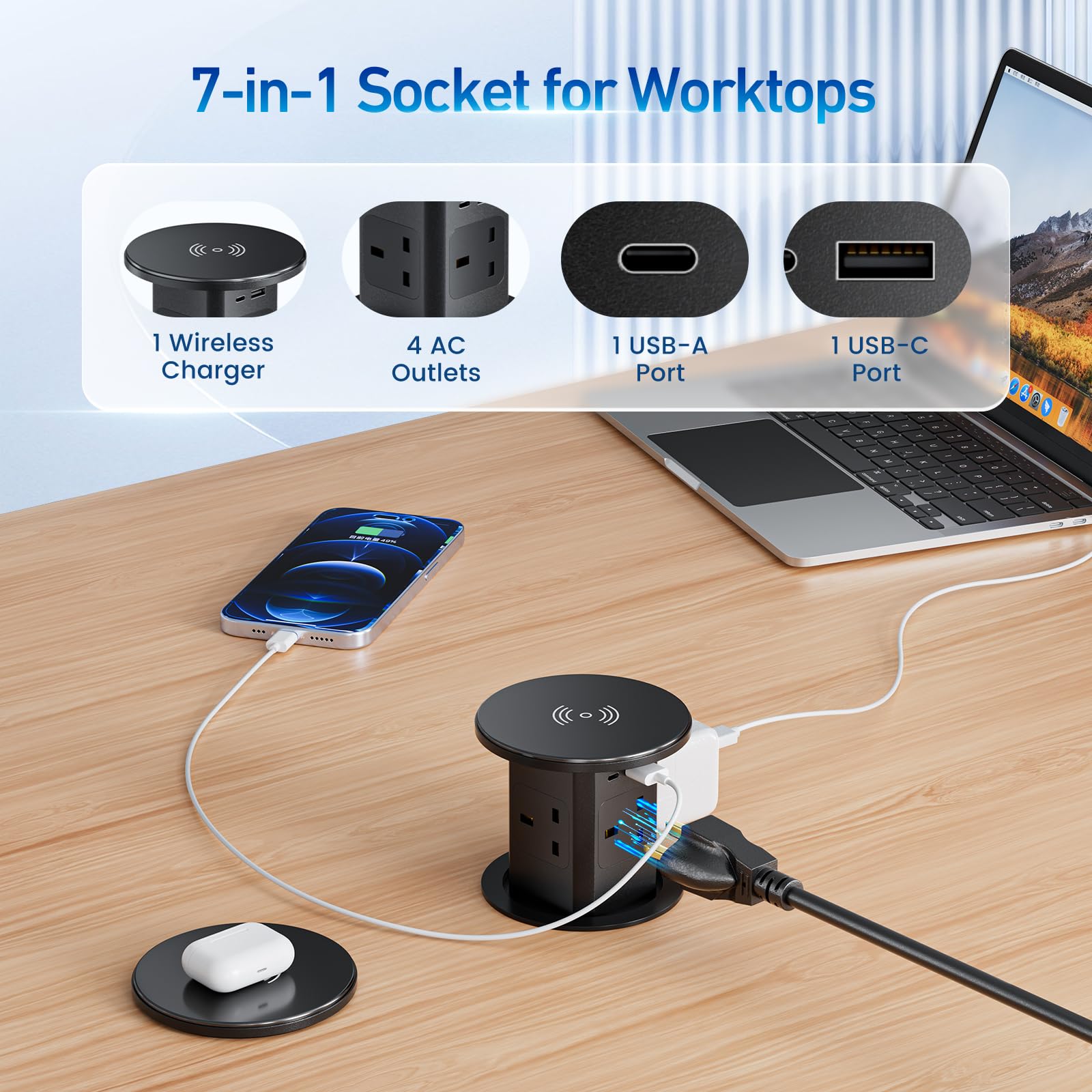 Pop up Socket, Pop up Sockets for Kitchen Worktops Automatic Pop up Power Outlet with 15W Wireless Charger, 7 in 1 Pop up Outlet for Desk Countertops, 4 * AC Outlet, 1 * USB-A, 1 * USB C