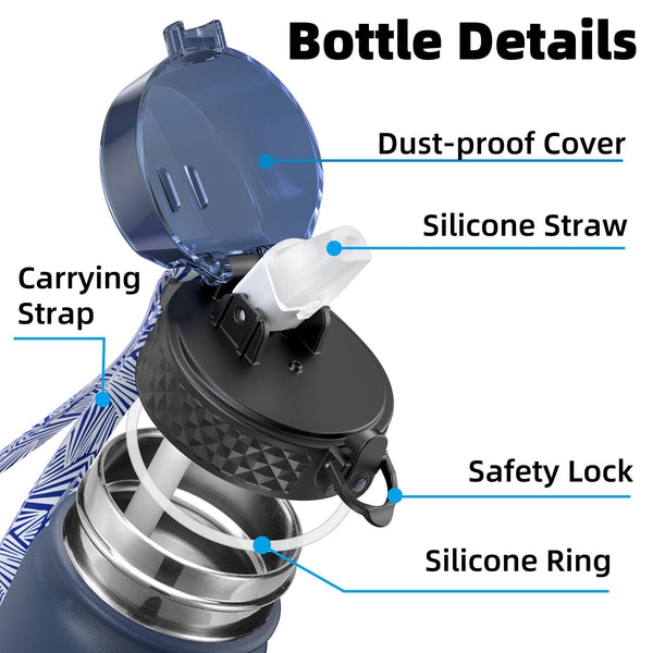 OLDLEY Stainless Steel Water Bottle with Straw 1L Vaccum Insulated Large Drink Flask Metal Water Bottles 1 Litre Leakproof Keep Drinks Hot Cold for Sports Gym with Different Lids(Purple Green, 3 Lids)