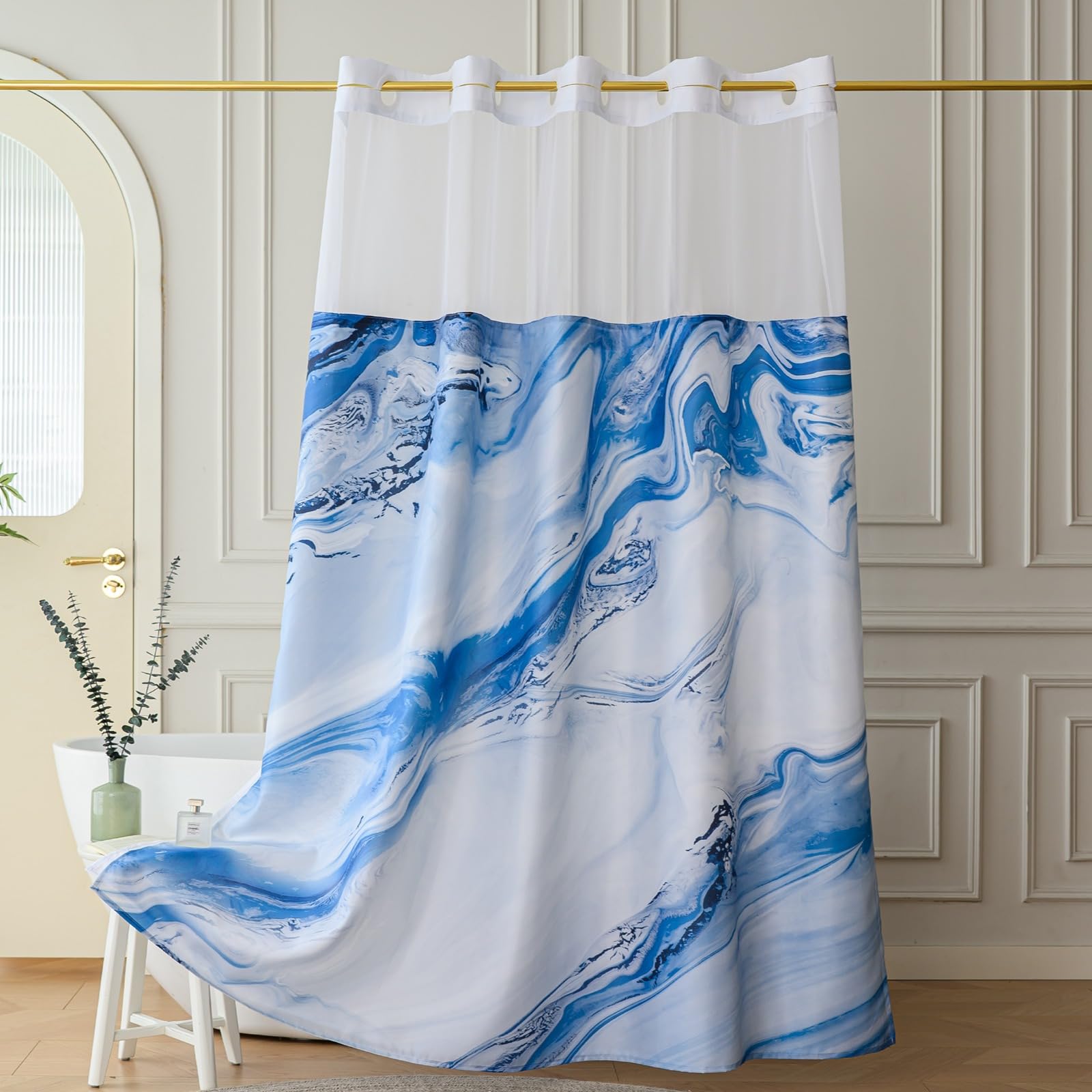 Yofori Hookless Shower Curtain with Snap in Fabric Liner Set, Blue Marble Pattern Shower Curtain with See Through Top Window Wet Room Shower Curtains