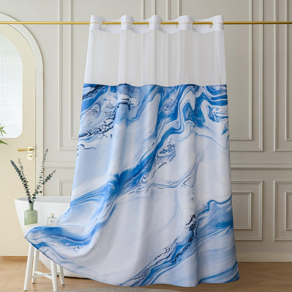 Yofori Hookless Shower Curtain with Snap in Fabric Liner Set, Blue Marble Pattern Shower Curtain with See Through Top Window Wet Room Shower Curtains