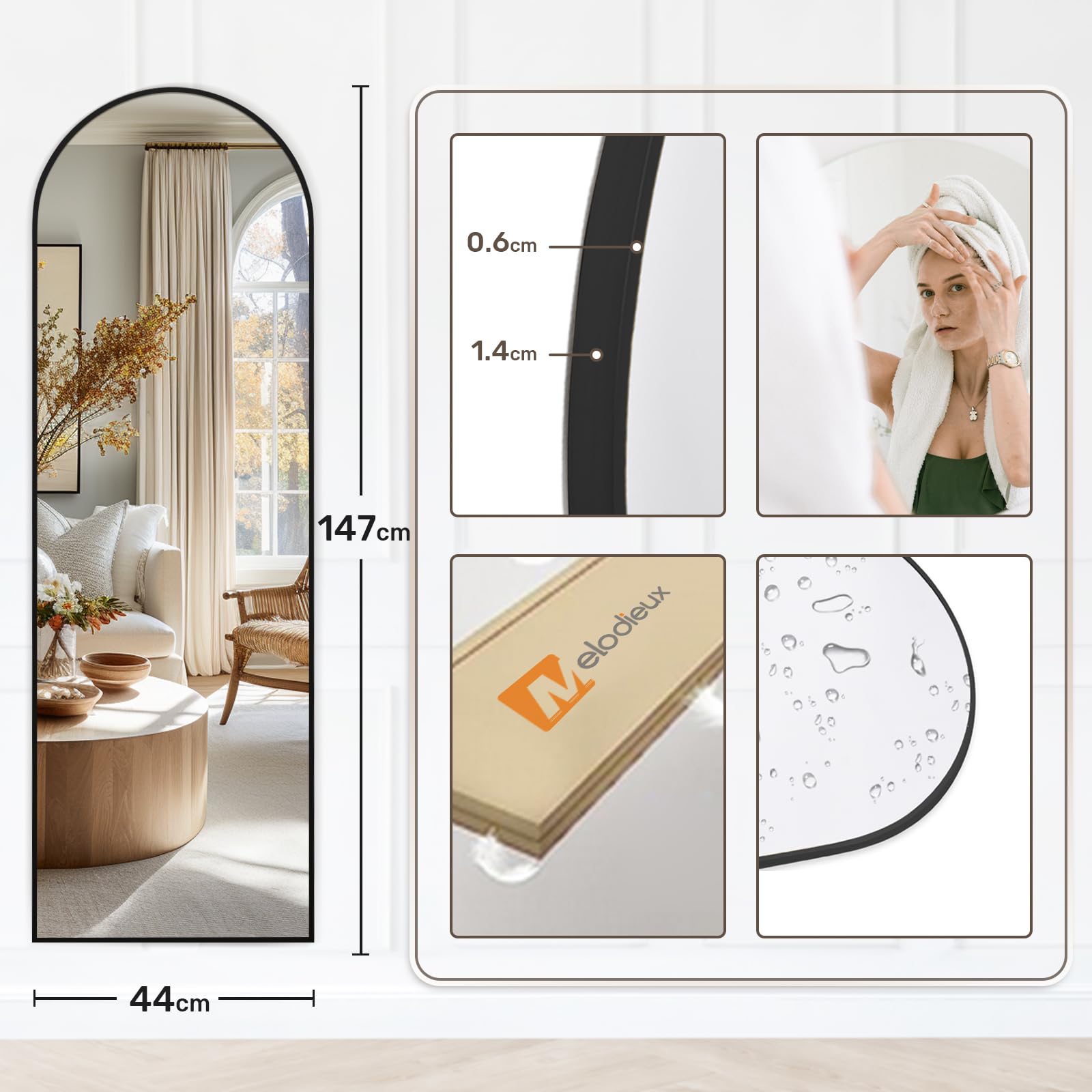 Melodieux Arch Full Length Mirror 147 x 44 cm Large Freestanding Black Aluminium Frame Dressing Wall Mounted Mirror for Living Room Bedroom