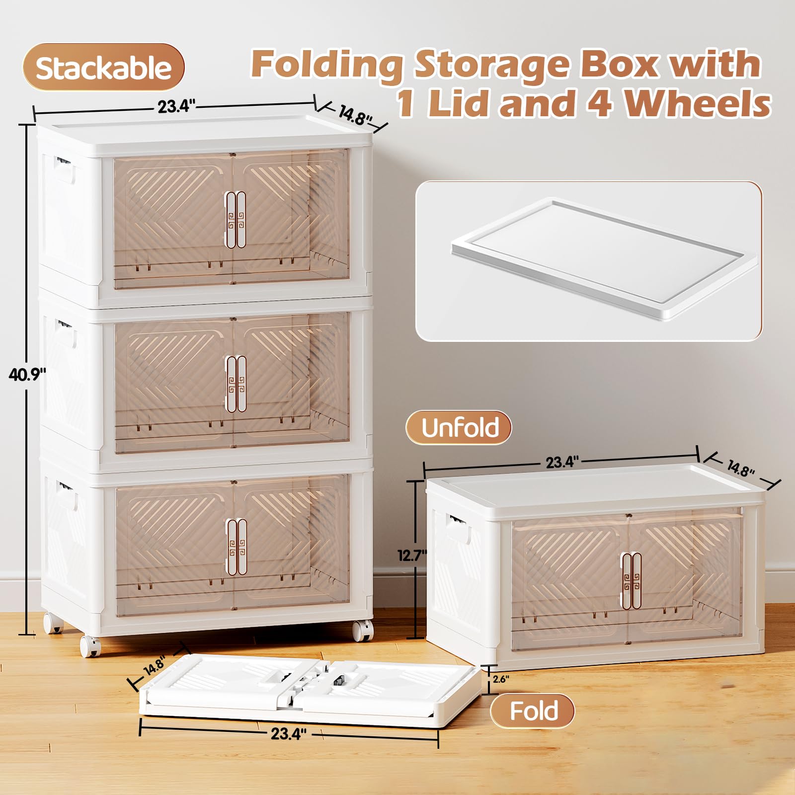 pioncrey 3 Packs Storage Boxes with 1 Lid, 70L*3 Large Capacity Stackable Storage Boxes, Plastic Collapsible Storage Box, Folding Storage Box with