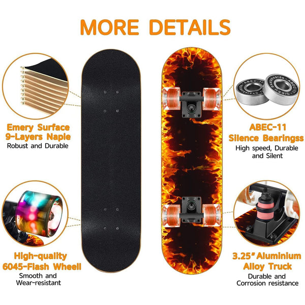GIEEU Skateboards with Colorful Flashing Wheels for Beginners,Kids,Teens,Adults,31 x 8 Inch Complete Standard Skate Boards 9 Layer Canadian Maple Deck