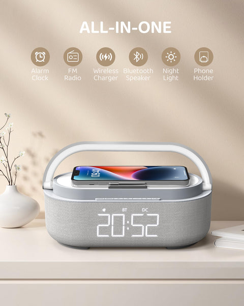 COLSUR Radio Alarm Clock Bluetooth Speaker, 15W Wireless Charger Alarm Clocks Bedside, Night Light, Loud Volume for Heavy Sleepers, Snooze, Dimmable LED Display, 2500mAh Battery