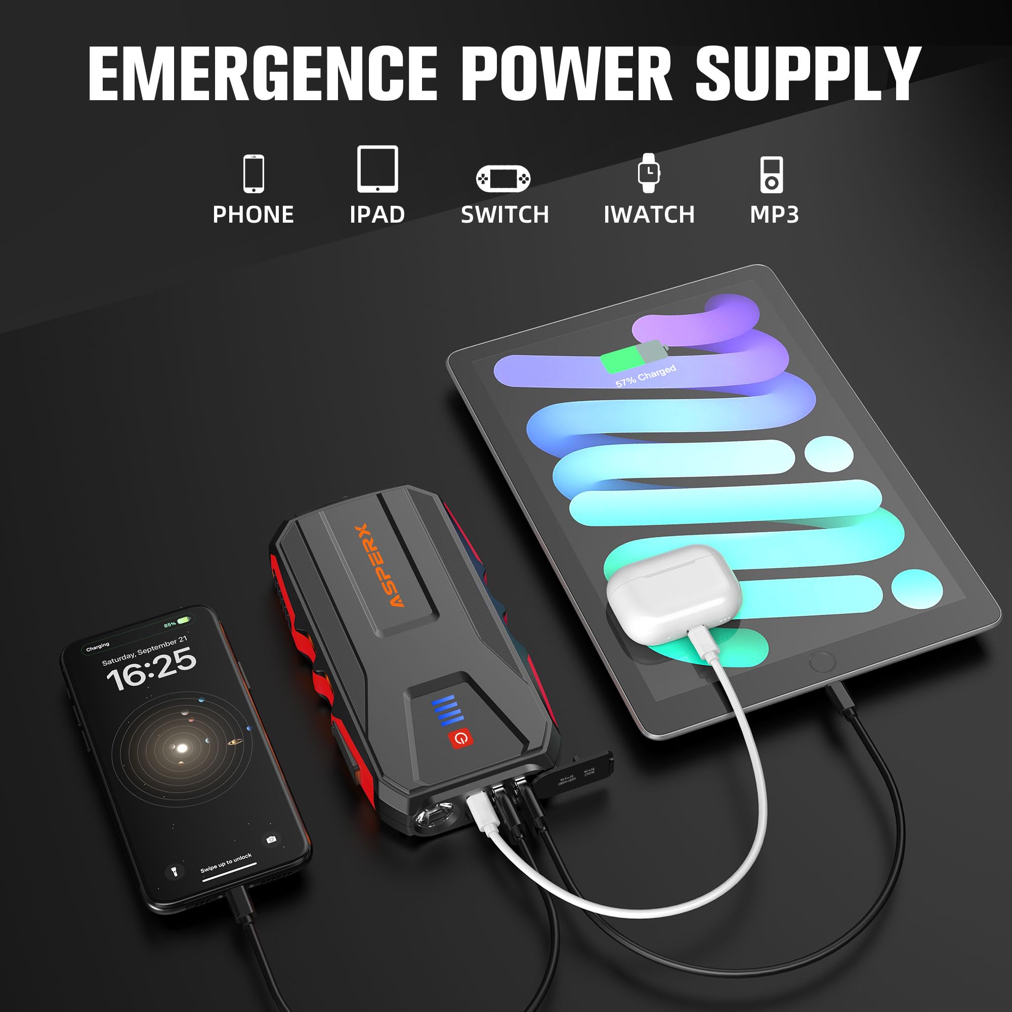 ASPERX Jump Starter Power Pack(Up to 10L Gas/8L Diesel), 3000A Car Battery Booster Jump Starter with LED Flashlight, Jump Leads and LCD Display, Jump Pack for 12V Vehicles, Pickup, SUV, Motorcycle