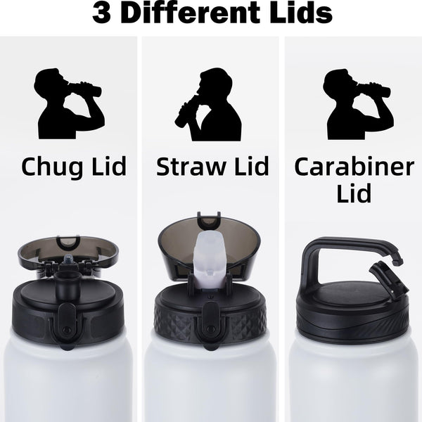 OLDLEY Stainless Steel Water Bottle with Straw 1L Vaccum Insulated Large Drink Flask Metal Water Bottles 1 Litre Leakproof Keep Drinks Hot Cold for Sports Gym with Different Lids(Purple Green, 3 Lids)