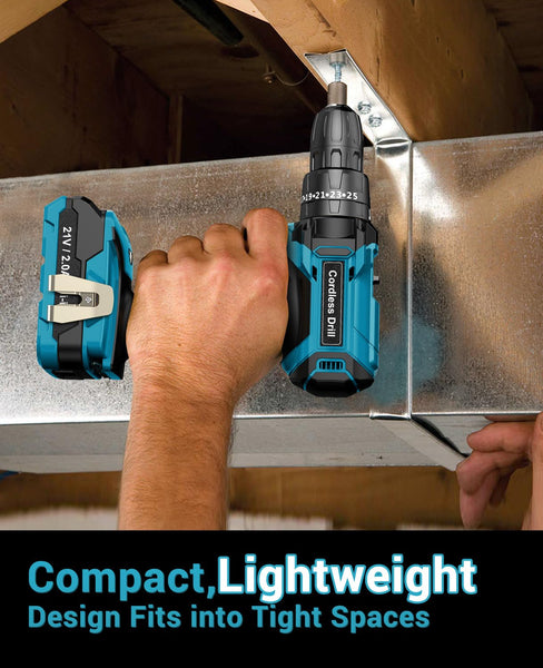 MHPRO Cordless Drill, Power Drill Brushless 21V, Cordless HammerDrill with 2 Batteries 2000mAh, 20+3 Torque, 45N.m Max DrillSet, LED Light, 2 Speed, 14PCS Accessories for Home and Garden DIY Project