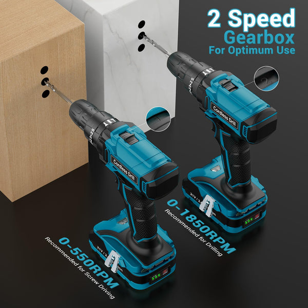 MHPRO Cordless Drill, Power Drill Brushless 21V, Cordless HammerDrill with 2 Batteries 2000mAh, 20+3 Torque, 45N.m Max DrillSet, LED Light, 2 Speed, 14PCS Accessories for Home and Garden DIY Project