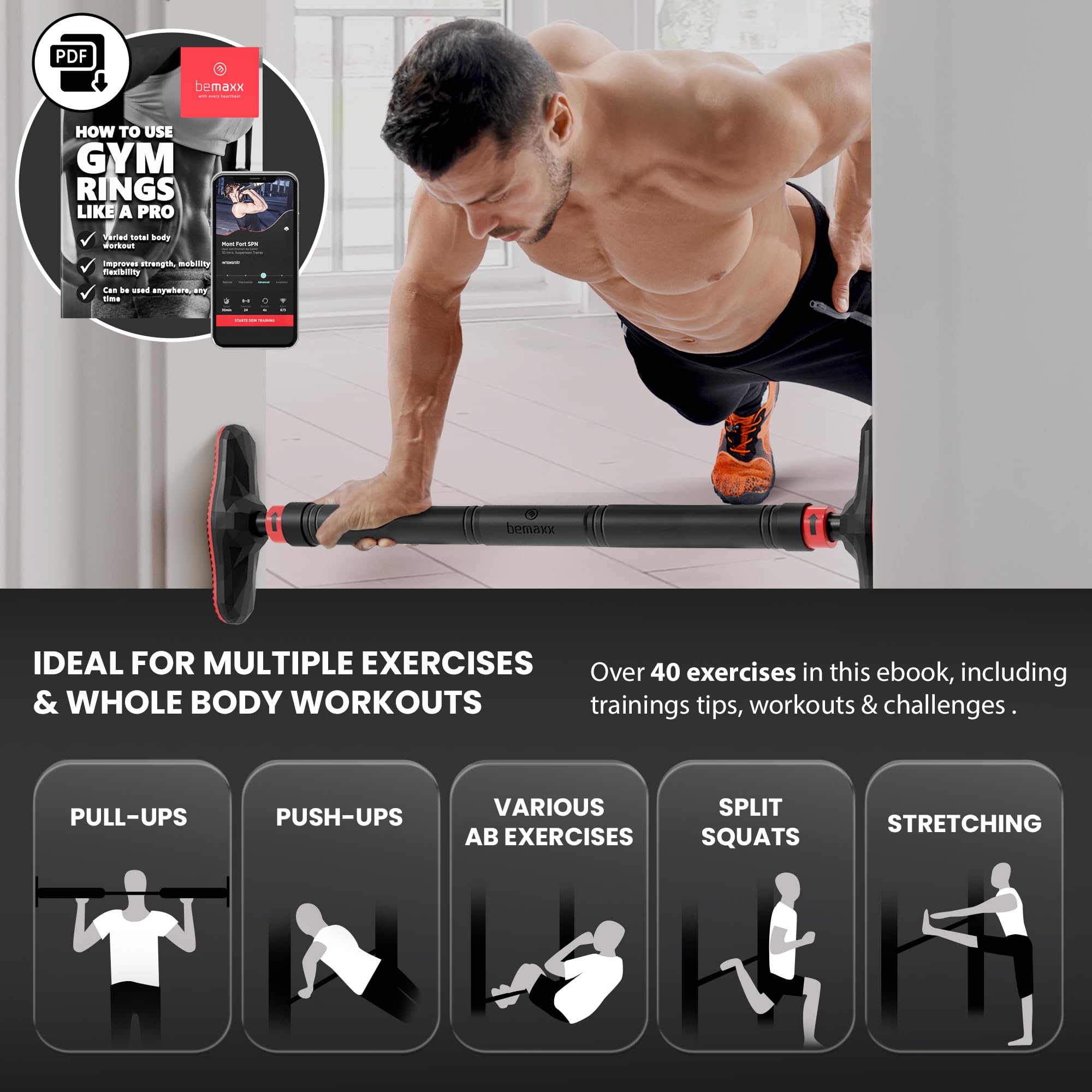 Pull Up Bar Door Frame NO Screws + Exercise E-Book | Professional Chin Up with Padded Handles | Extra Wide Dip Workout Bars for Hanging in Doorway at