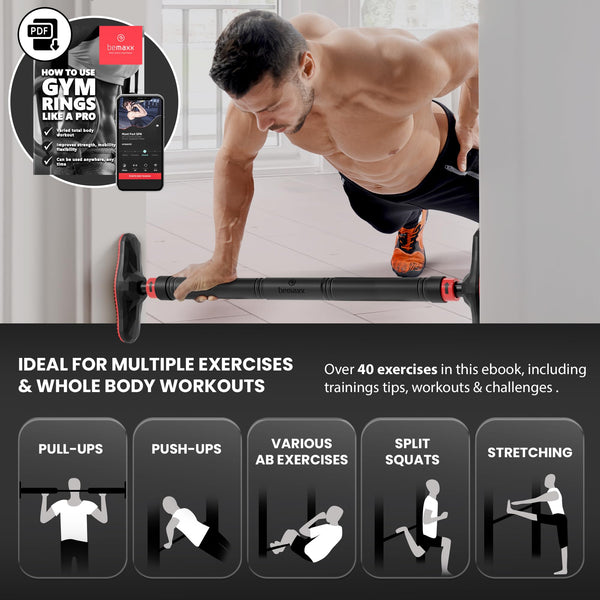 Pull Up Bar Door Frame NO Screws + Exercise E-Book | Professional Chin Up with Padded Handles | Extra Wide Dip Workout Bars for Hanging in Doorway at