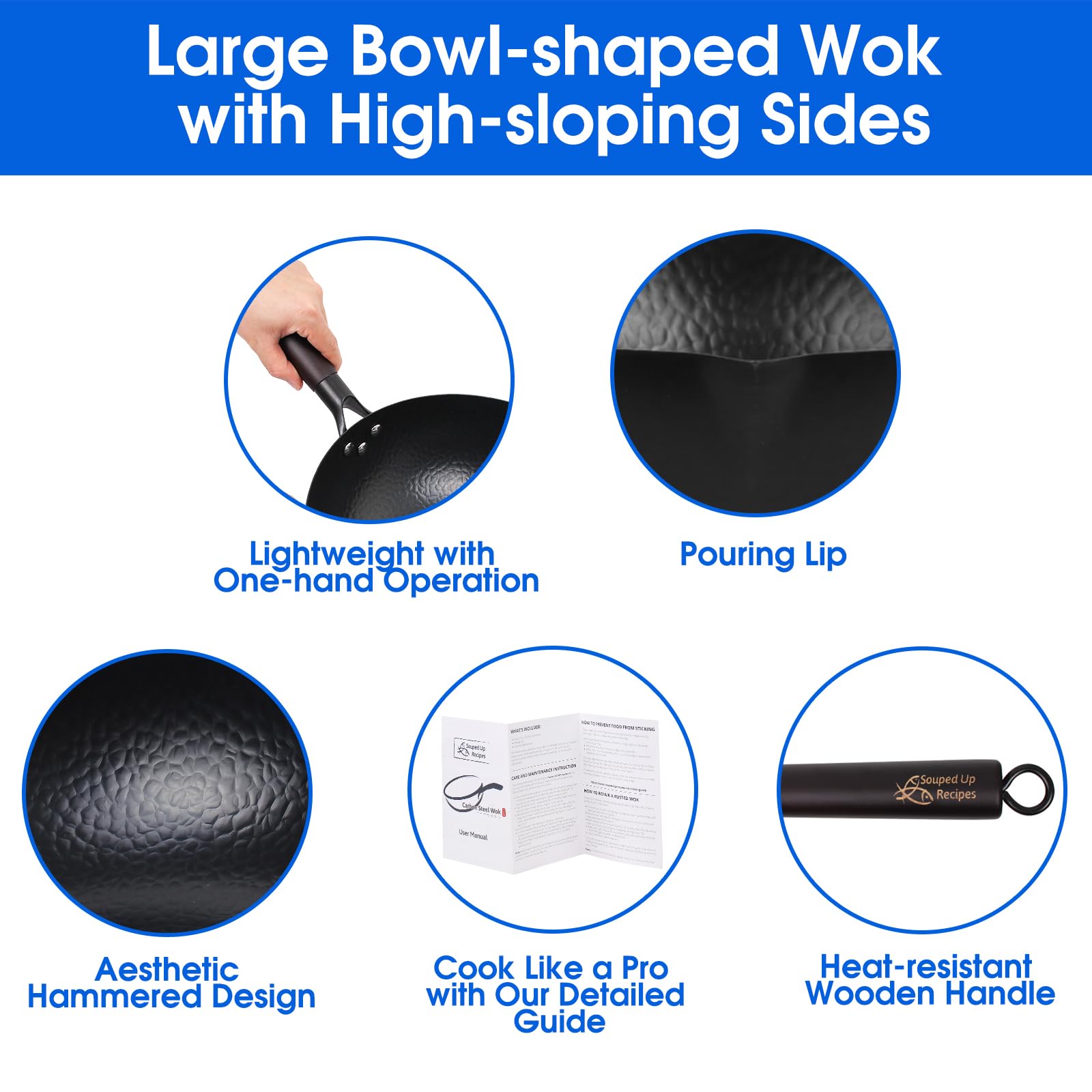 Souped Up Recipes 13.4 Inch Carbon Steel Wok for Electric, Induction and Gas Stoves (Lid, Spatula and User Guide Video Included)