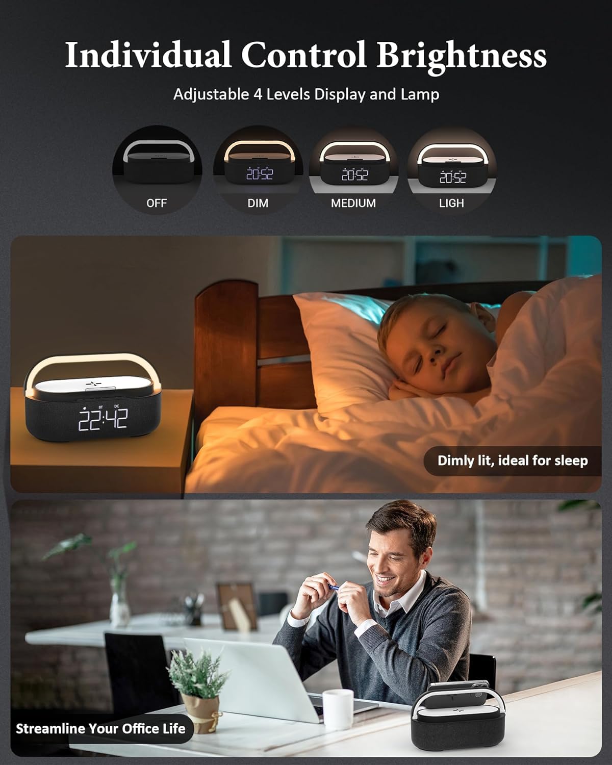 COLSUR Radio Alarm Clock Bluetooth Speaker, 15W Wireless Charger Alarm Clocks Bedside, Night Light, Loud Volume for Heavy Sleepers, Snooze, Dimmable LED Display, 2500mAh Battery