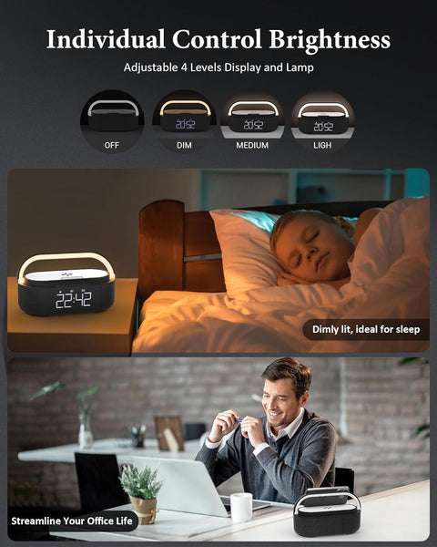 COLSUR Radio Alarm Clock Bluetooth Speaker, 15W Wireless Charger Alarm Clocks Bedside, Night Light, Loud Volume for Heavy Sleepers, Snooze, Dimmable LED Display, 2500mAh Battery